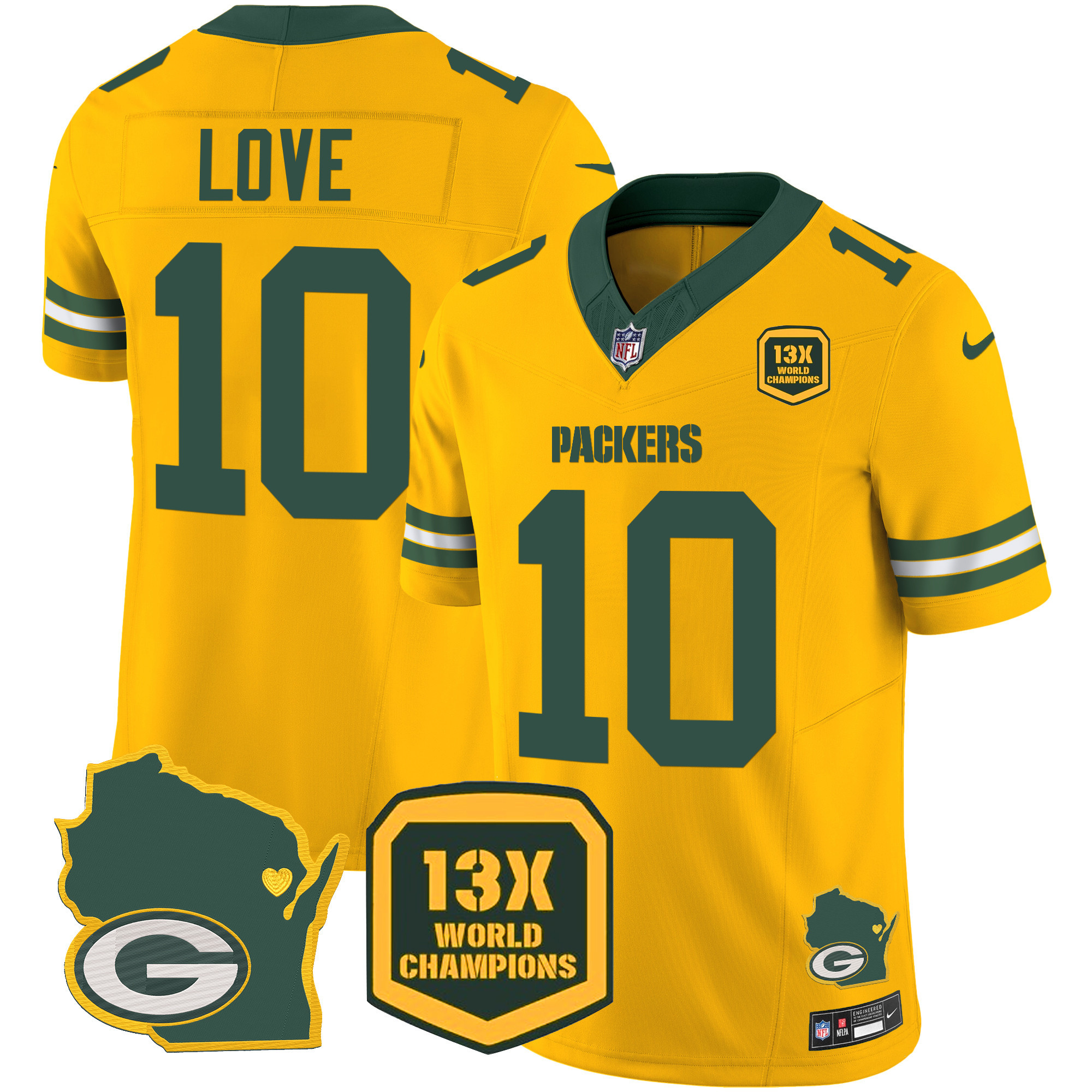 Jordan Love Men's Green Bay Packers 13 Time World Champions & Home Patch Vapor Gold Jersey - All Stitched 
