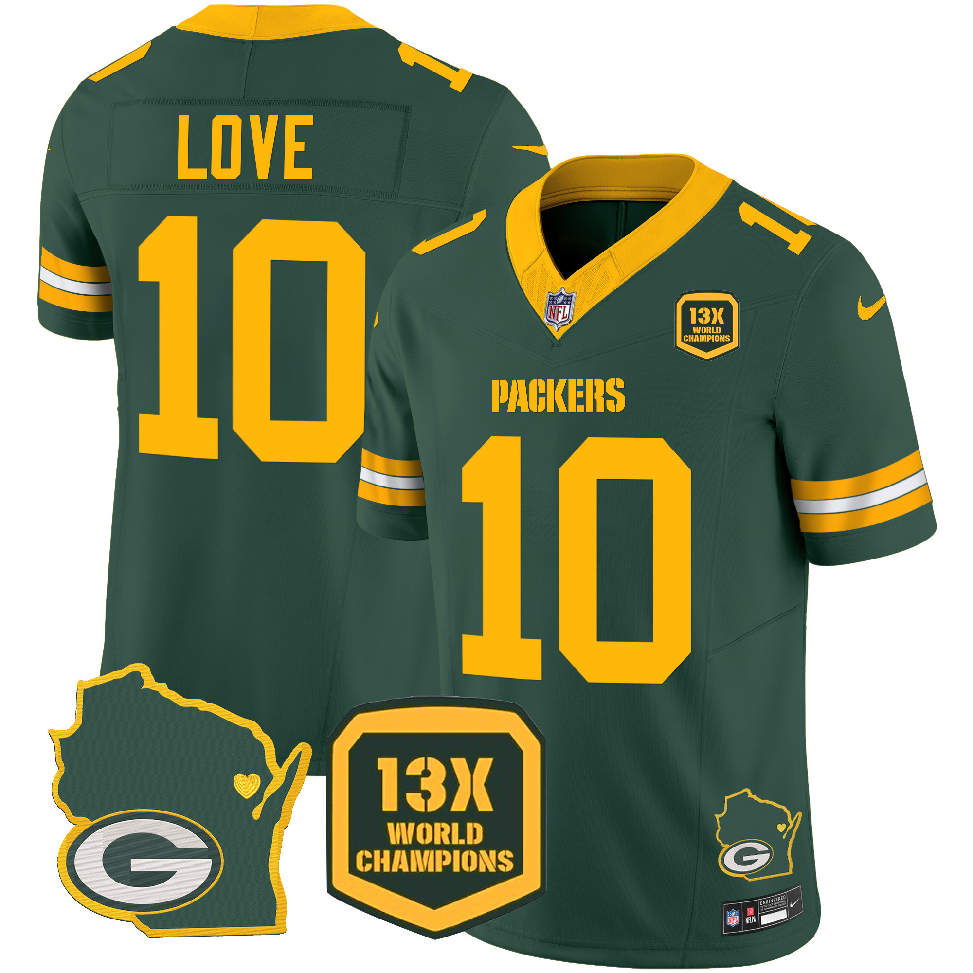 Jordan Love Men's Green Bay Packers 13 Time World Champions & Home Patch Vapor Green Jersey - All Stitched 