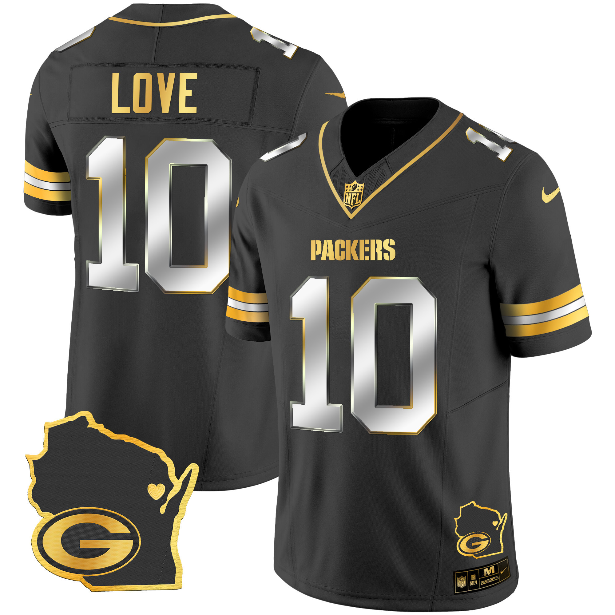 Jordan Love Men's Green Bay Packers Home Patch Gold Vapor Black Limited Jersey - All Stitched 