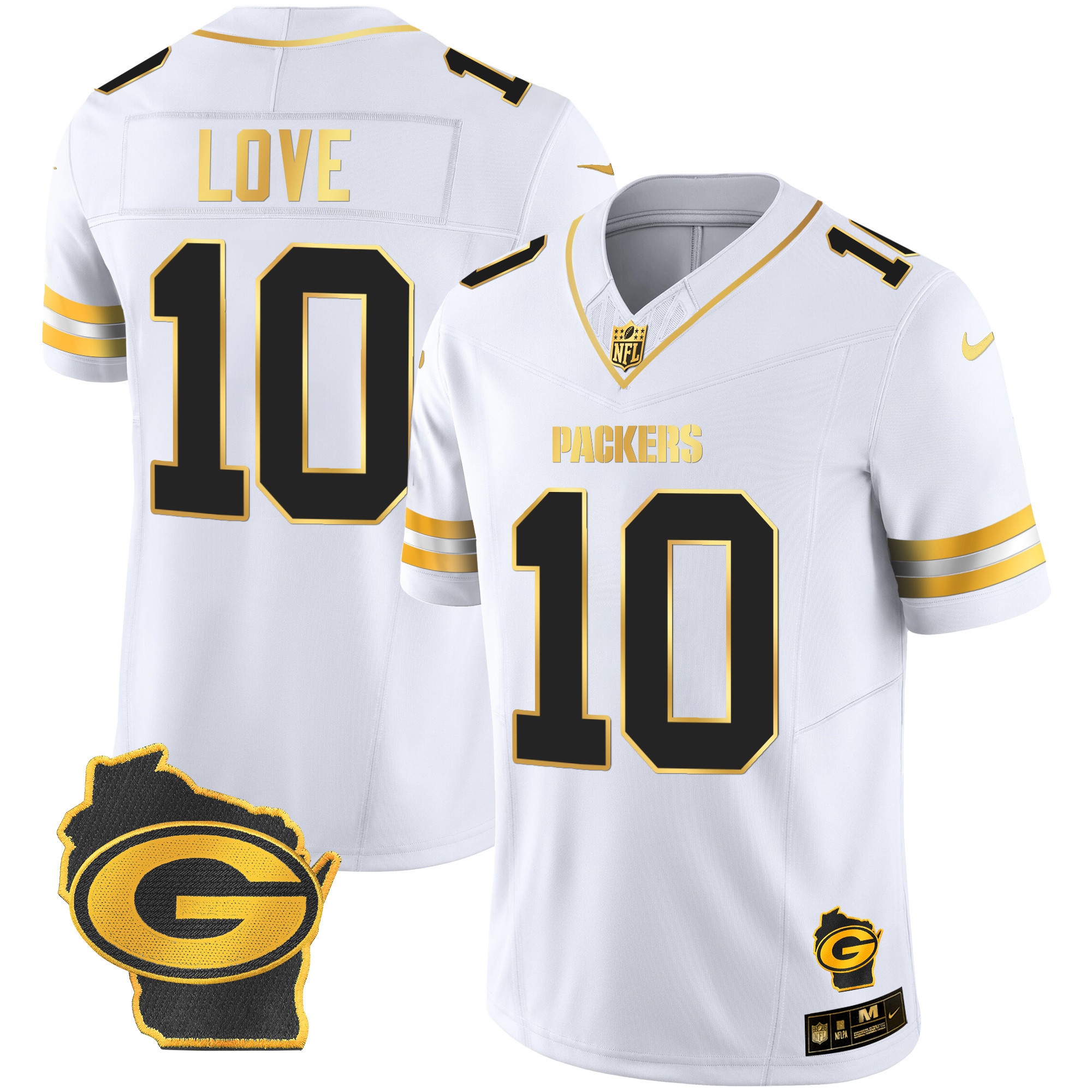 Jordan Love Men's Green Bay Packers Home Patch Gold Vapor White Gold Jersey - All Stitched 