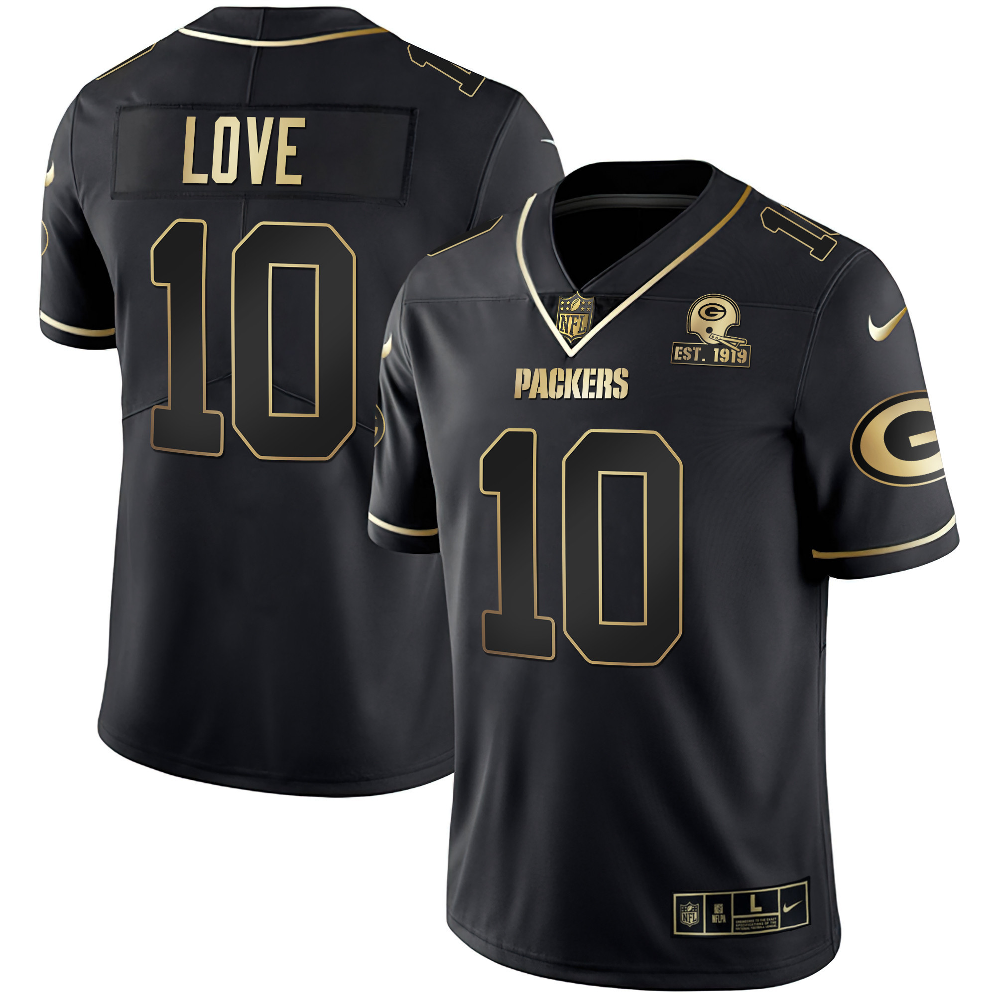Jordan Love Men's Green Bay Packers White Gold & Black Gold Est 1919 Patch Black Gold Jersey - All Stitched 