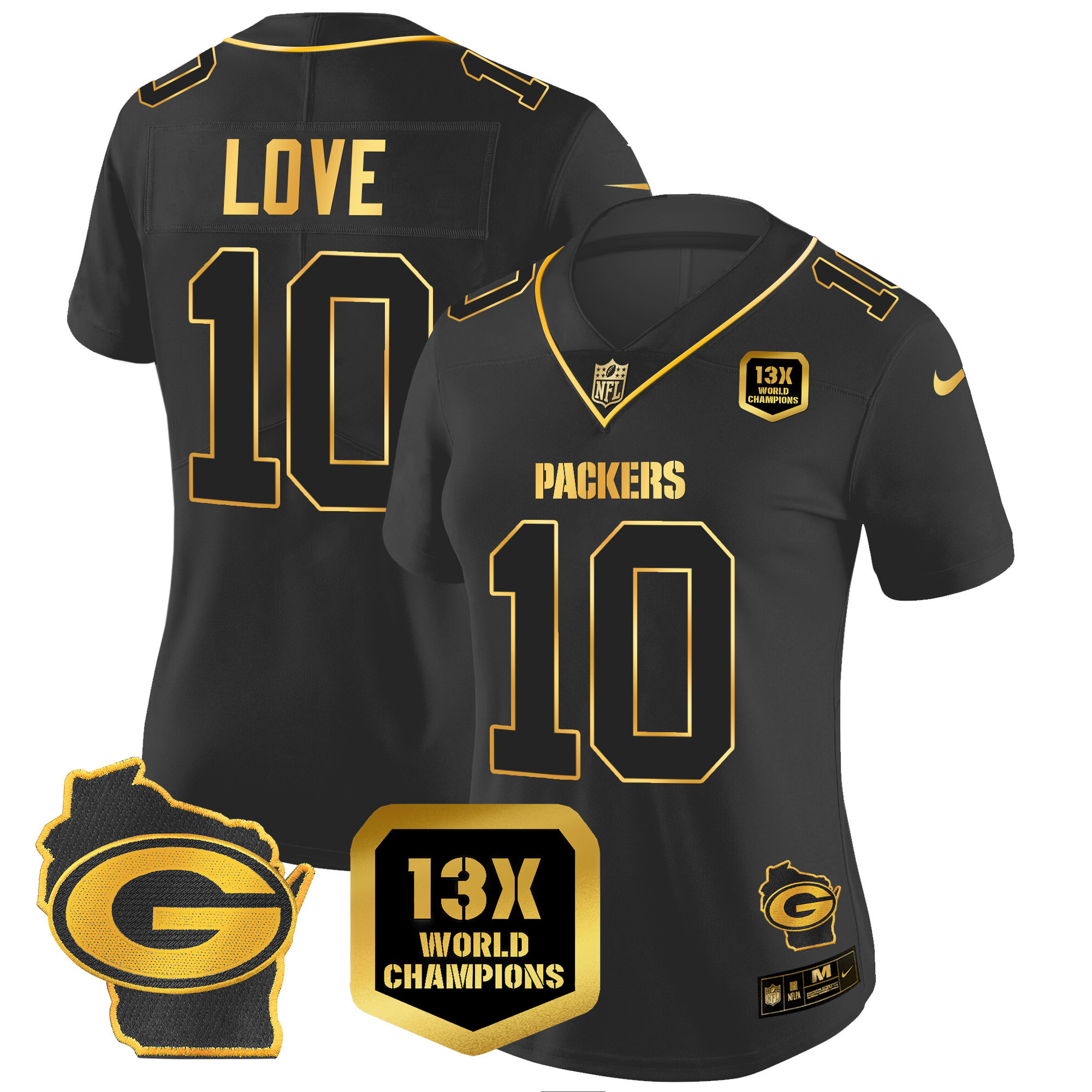 Jordan Love Women's Green Bay Packers 13 Time World Champions & Home Patch Gold Vapor Black Gold Jersey - All Stitched 