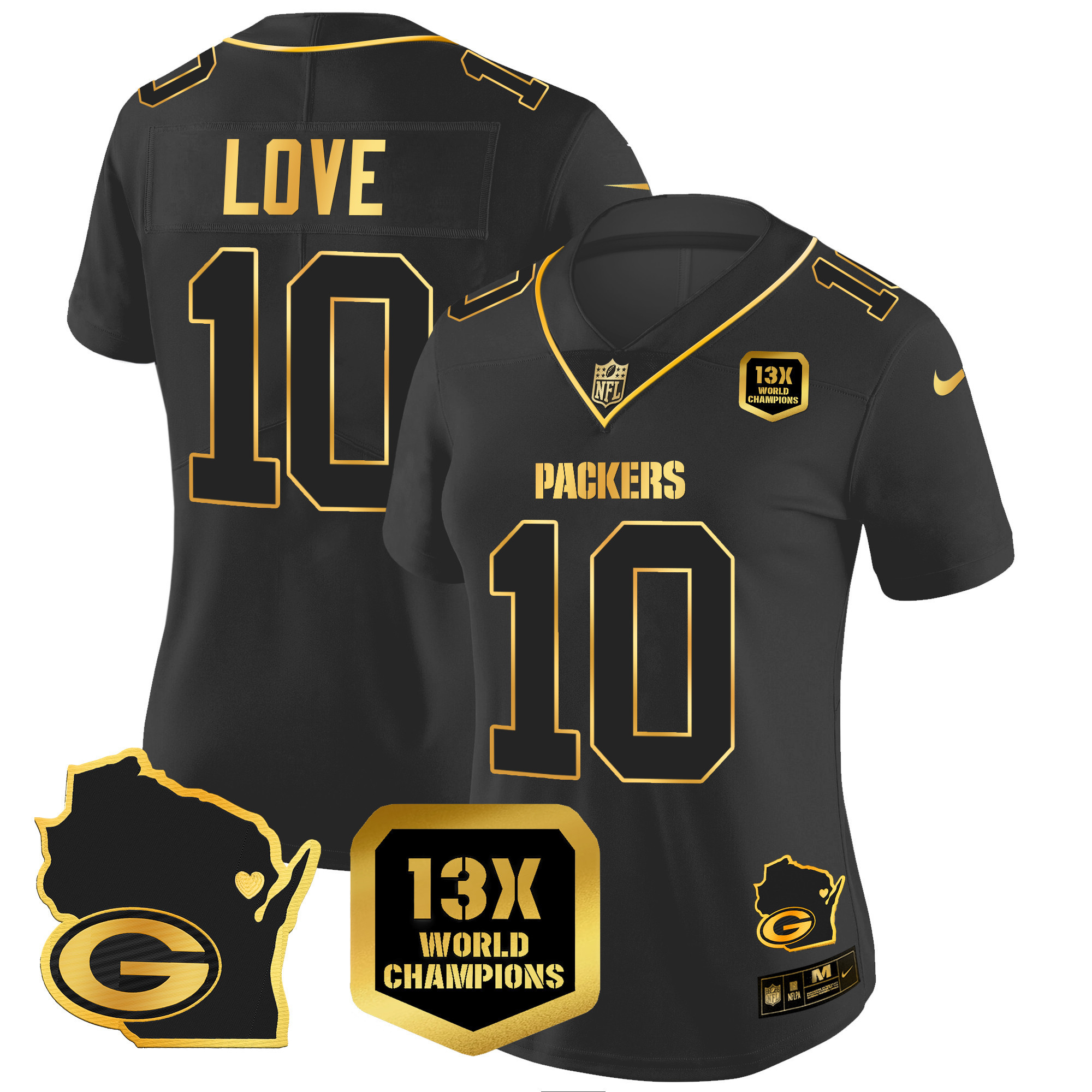 Jordan Love Women's Green Bay Packers 13 Time World Champions & Home Patch Gold Vapor Black Gold Jersey - All Stitched 