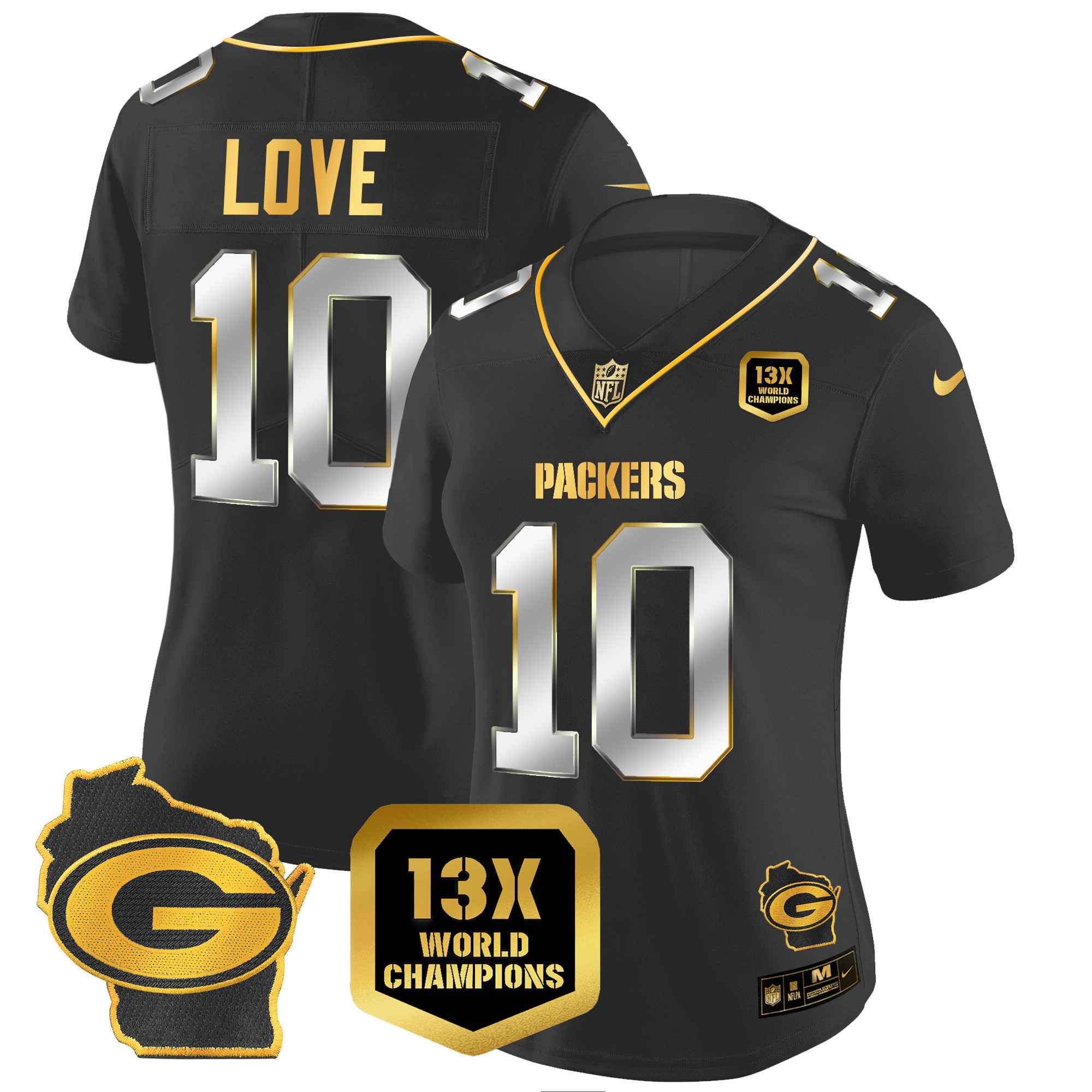 Jordan Love Women's Green Bay Packers 13 Time World Champions & Home Patch Gold Vapor Black Limited Jersey - All Stitched 