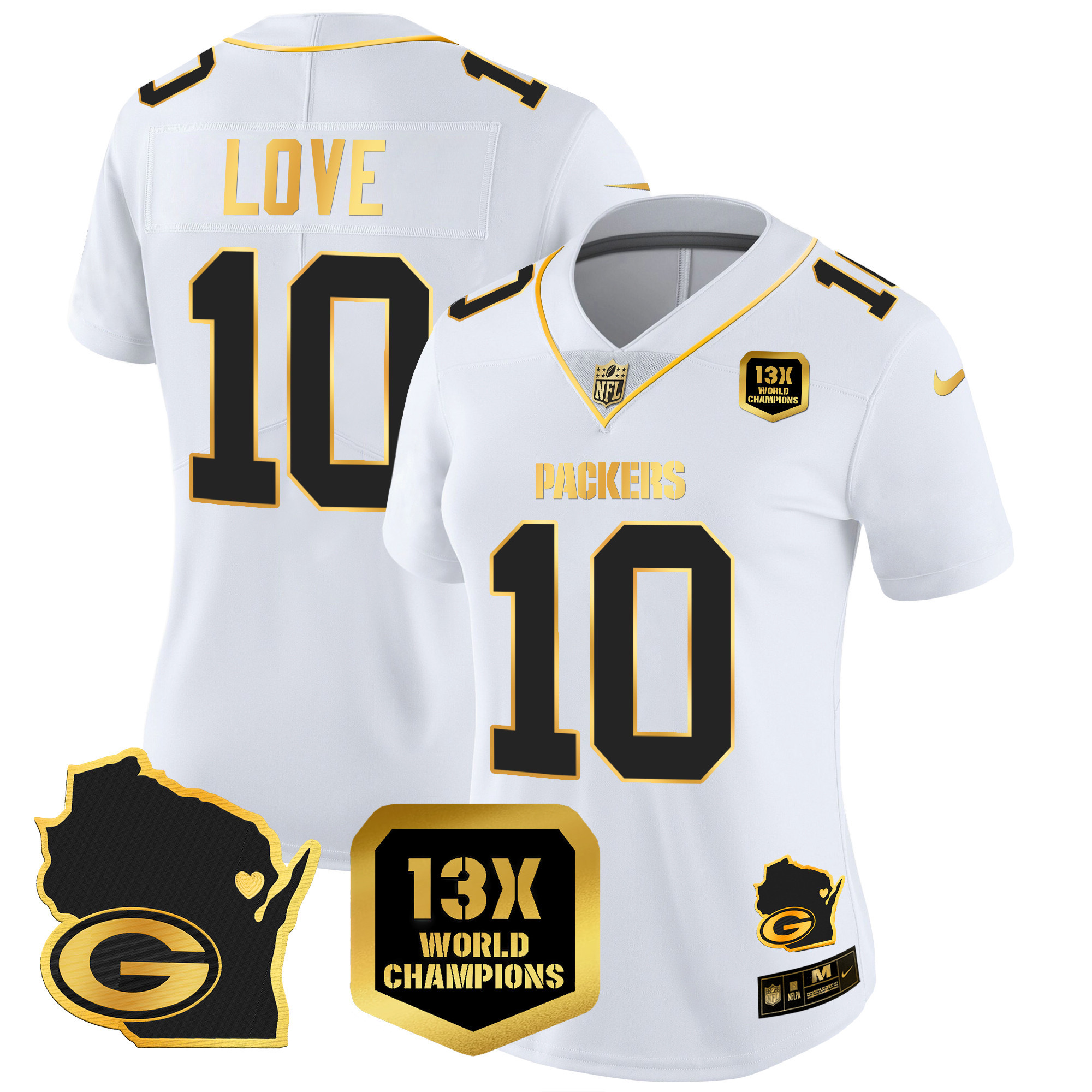 Jordan Love Women's Green Bay Packers 13 Time World Champions & Home Patch Gold Vapor White Gold Jersey - All Stitched 
