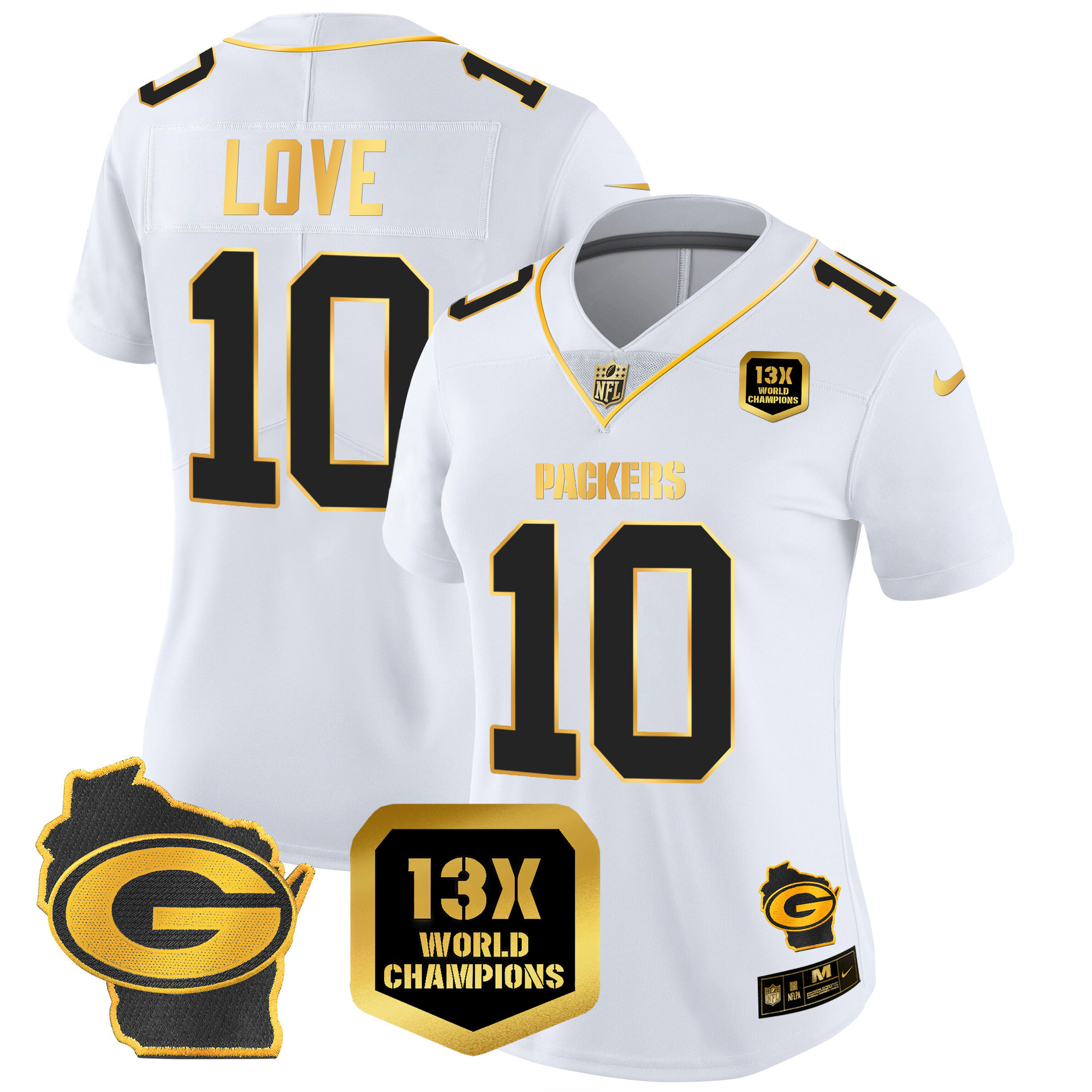Jordan Love Women's Green Bay Packers 13 Time World Champions & Home Patch Gold Vapor White Gold Jersey - All Stitched 