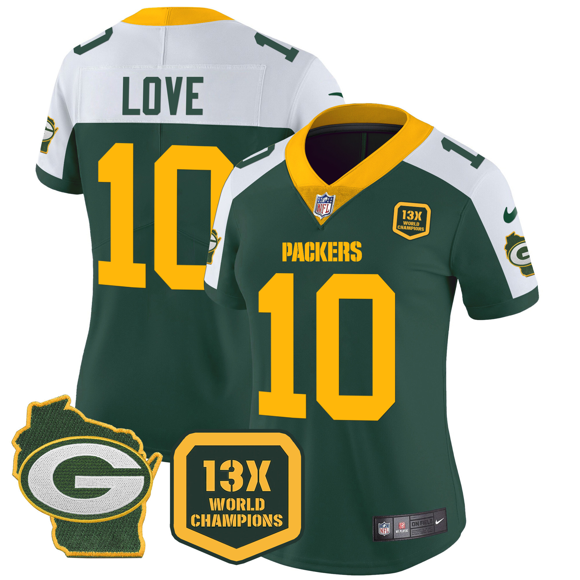Jordan Love Women's Green Bay Packers 13 Time World Champions & Home Patch Vapor Alternate Jersey - All Stitched 