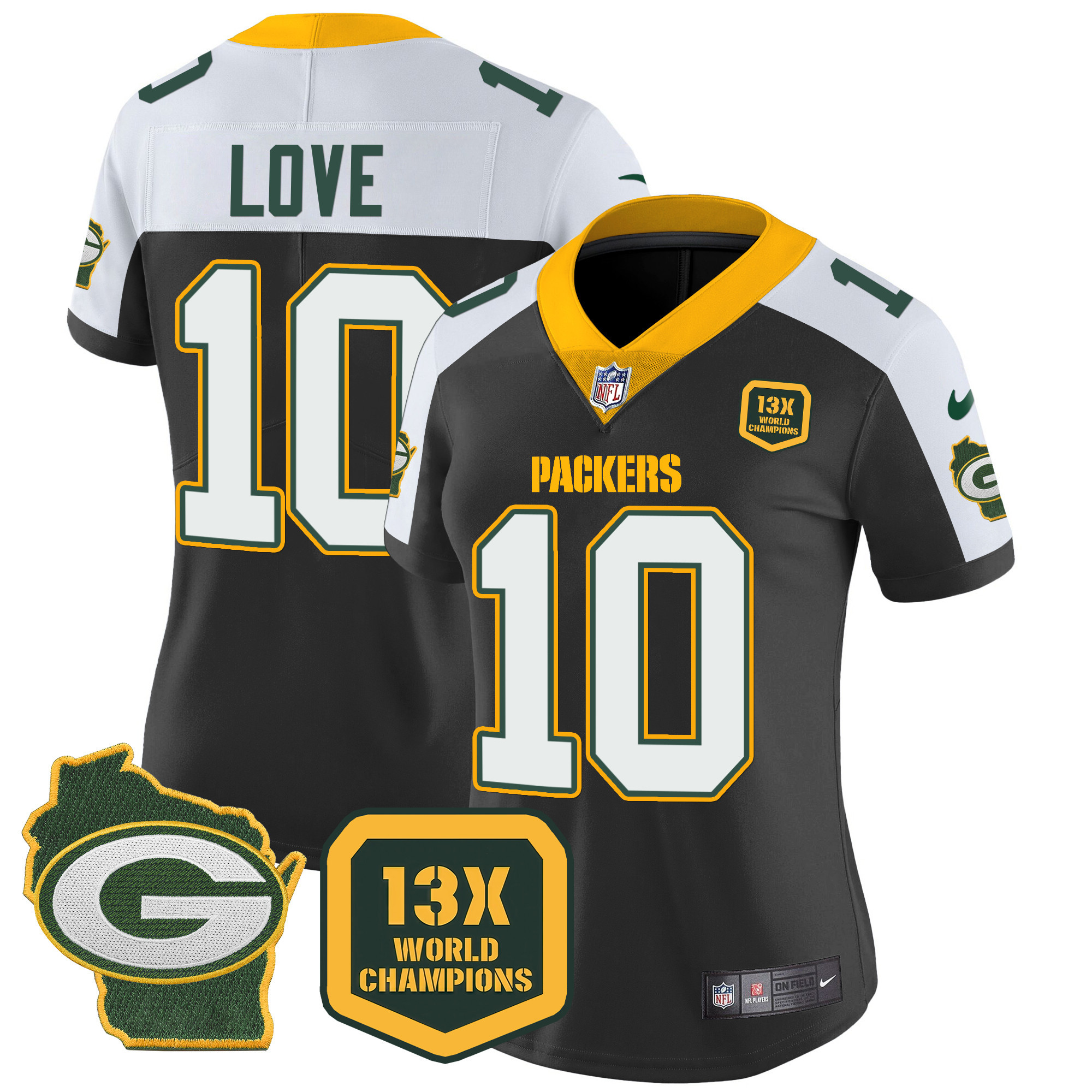Jordan Love Women's Green Bay Packers 13 Time World Champions & Home Patch Vapor Black Alternate Jersey - All Stitched 