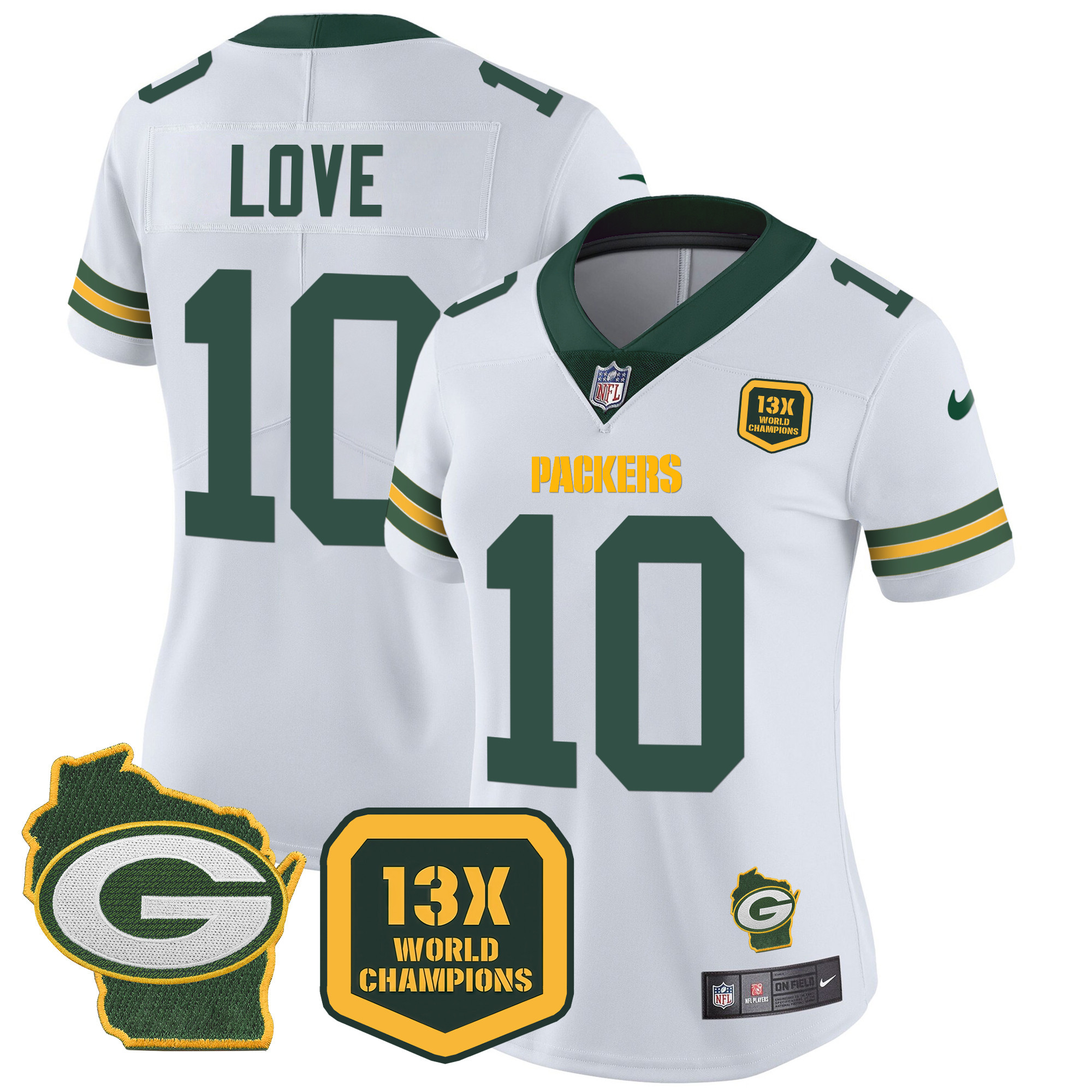 Jordan Love Women's Green Bay Packers 13 Time World Champions & Home Patch Vapor White Jersey - All Stitched 