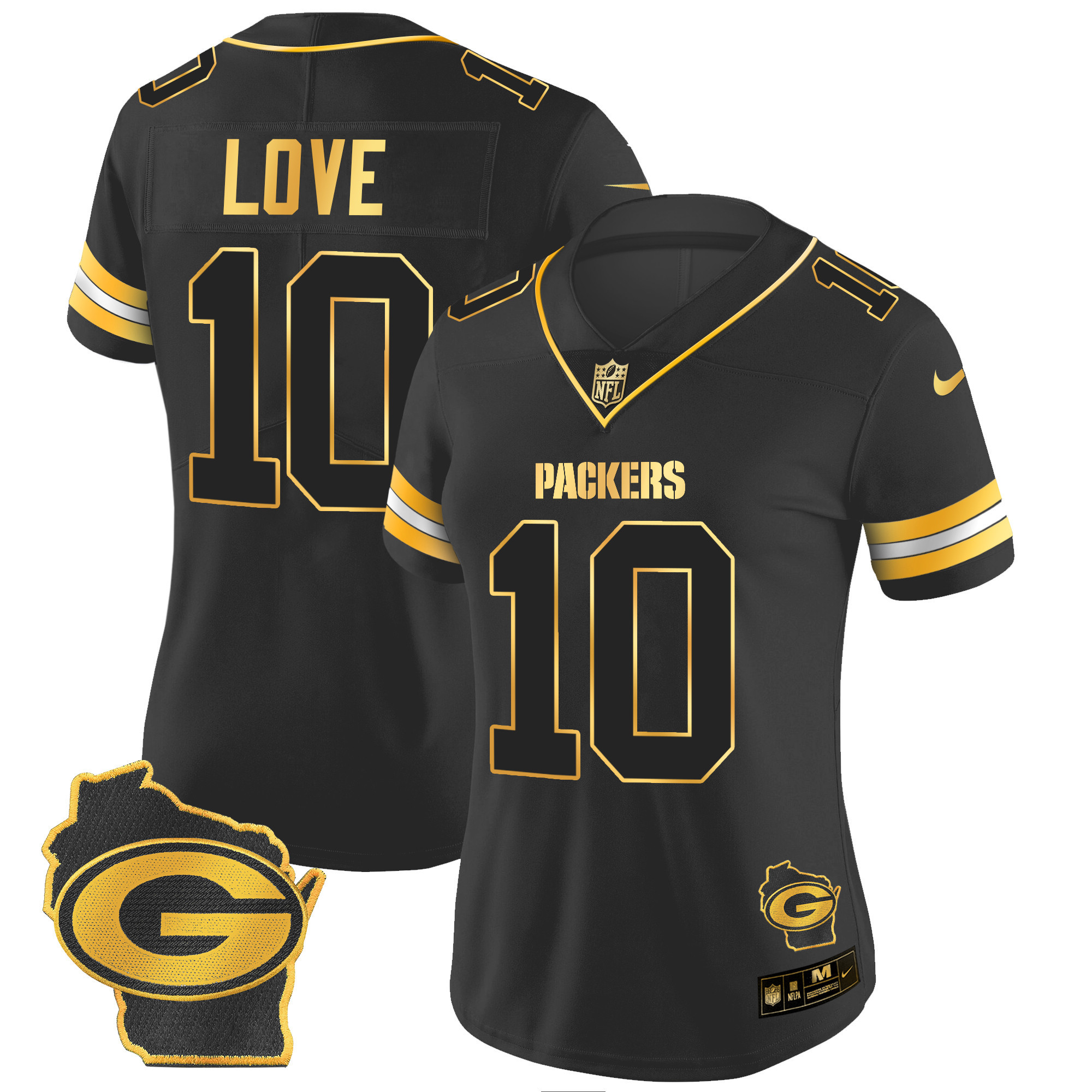 Jordan Love Women's Green Bay Packers Home Patch Gold Vapor Black Gold Jersey - All Stitched 