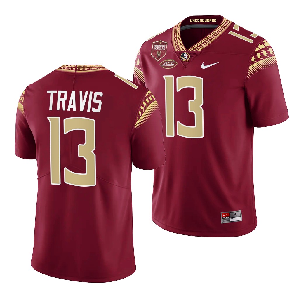 Jordan Travis Florida State Seminoles #13 Garnet Jersey Seminole Scholar patch Men's Limited Uniform