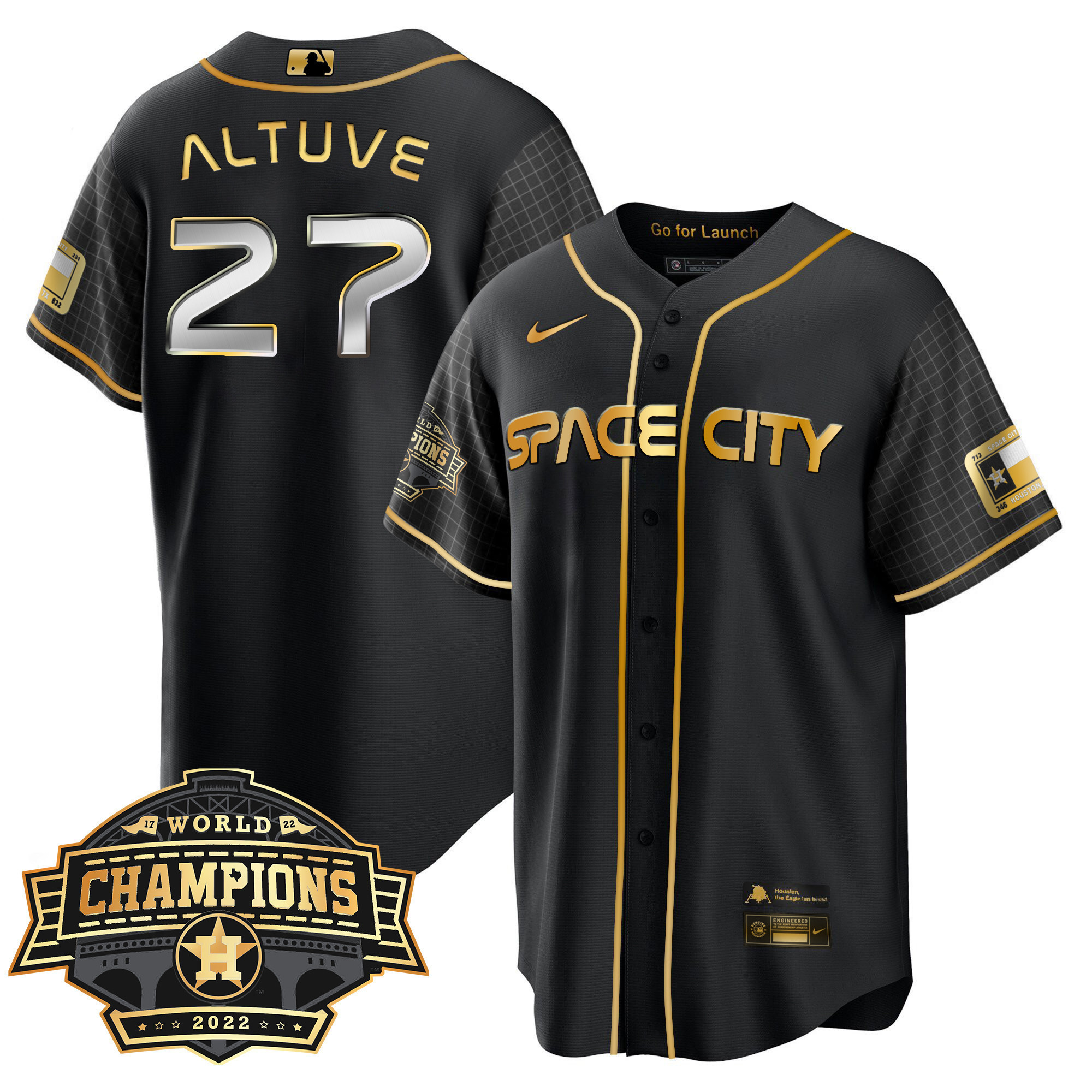 JosÈ AltuveYouth's Houston Astros Space City 2022 World Series Champions Patch Limited Cool Black Jersey ñ All Stitched