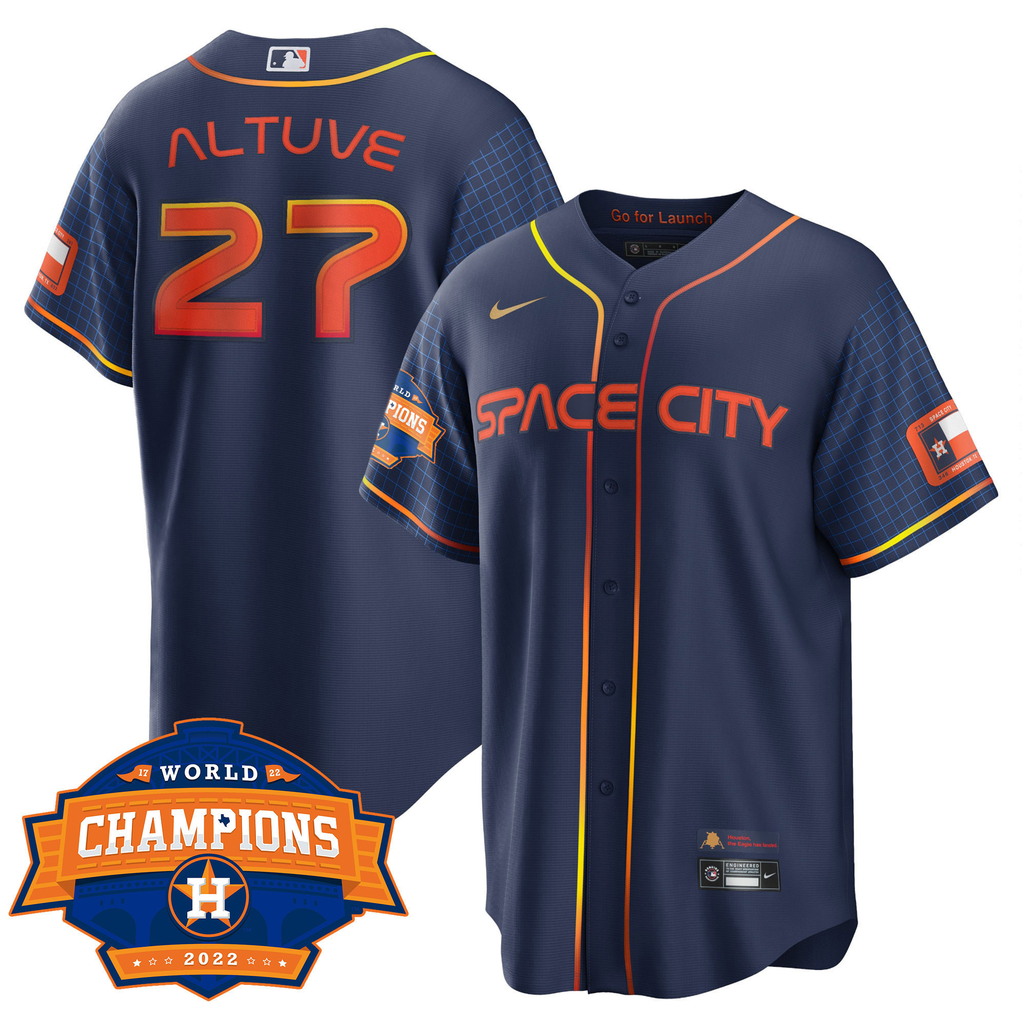 JosÈ AltuveYouth's Houston Astros Space City 2022 World Series Champions Patch Limited Cool Navy Jersey ñ All Stitched