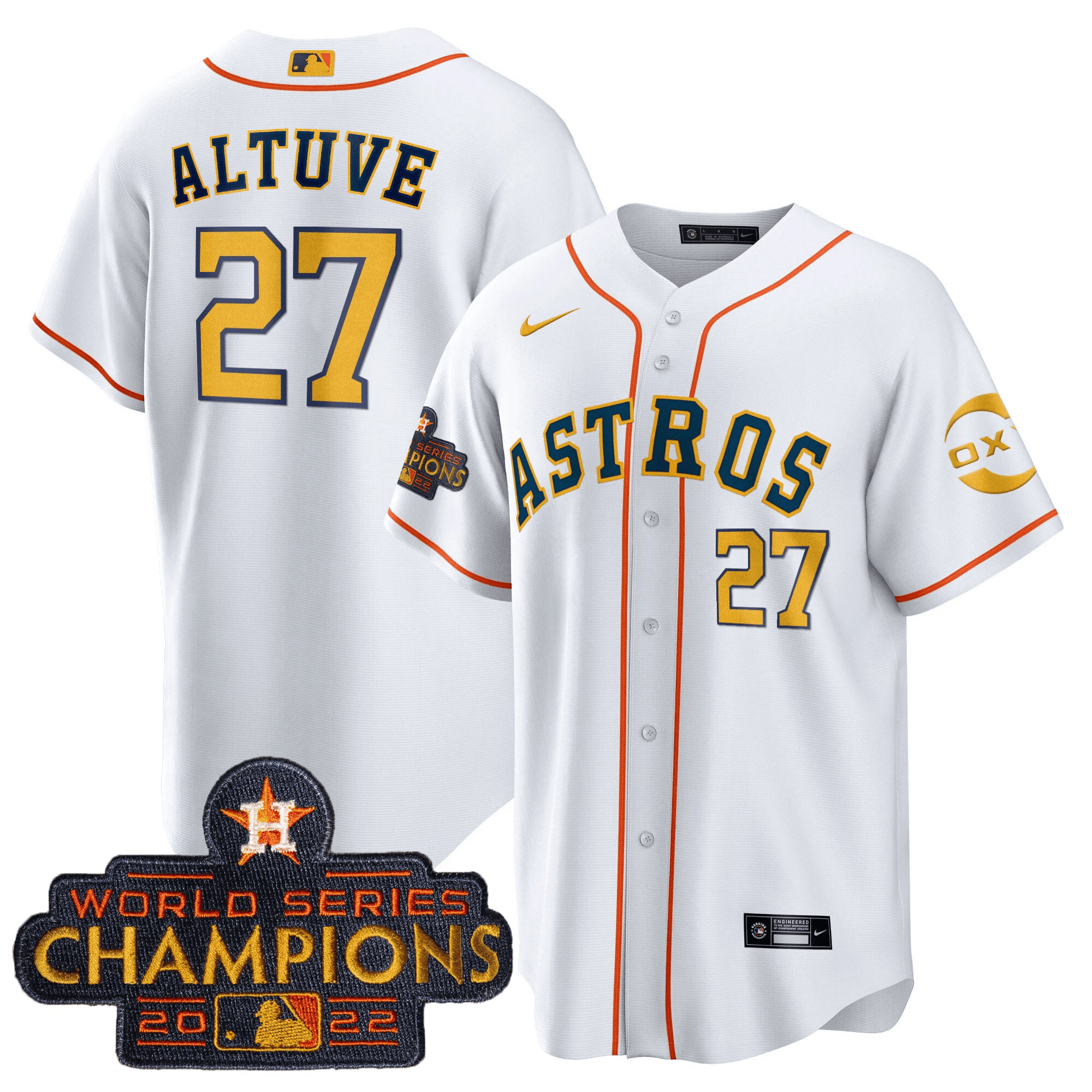 José Altuve Houston Astros 2022 Champions Gold Rush Oxy Patch Cool Base Jersey - All Stitched