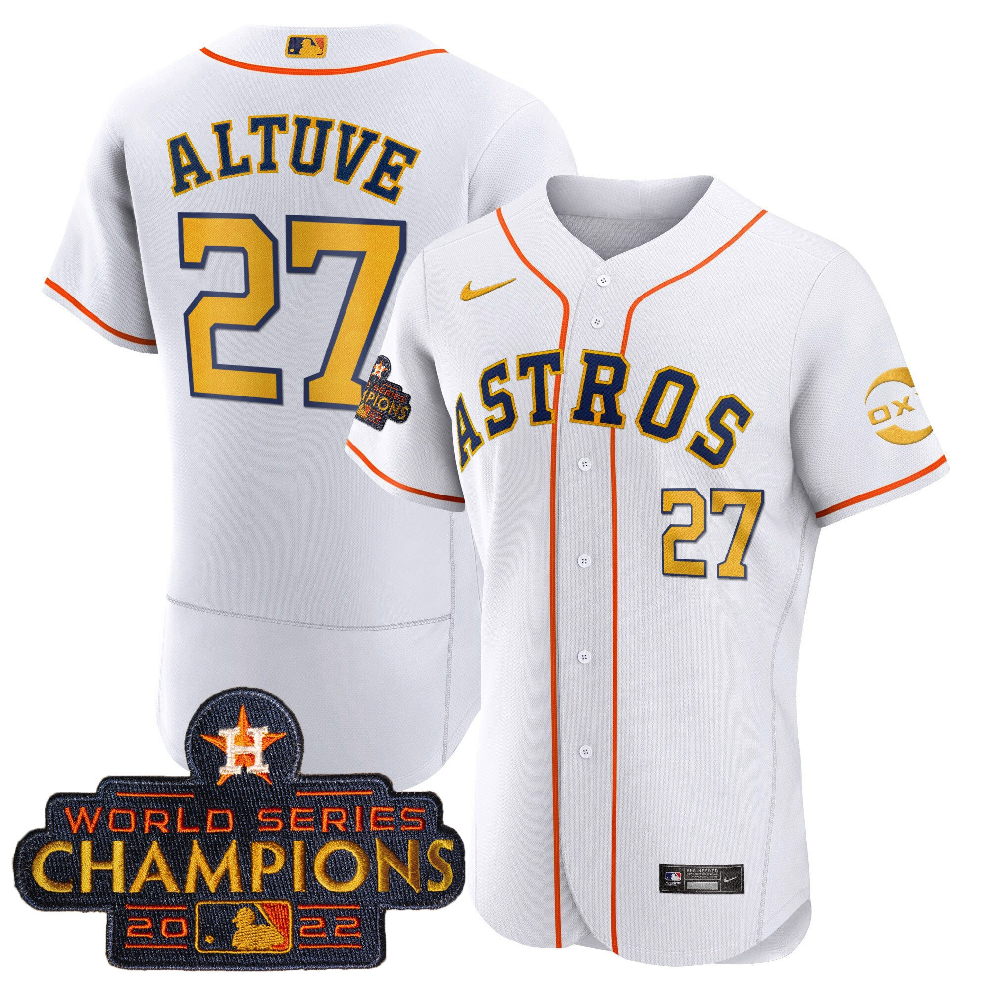 José Altuve Houston Astros 2022 Champions Gold Rush Oxy Patch Flex Base Jersey - All Stitched