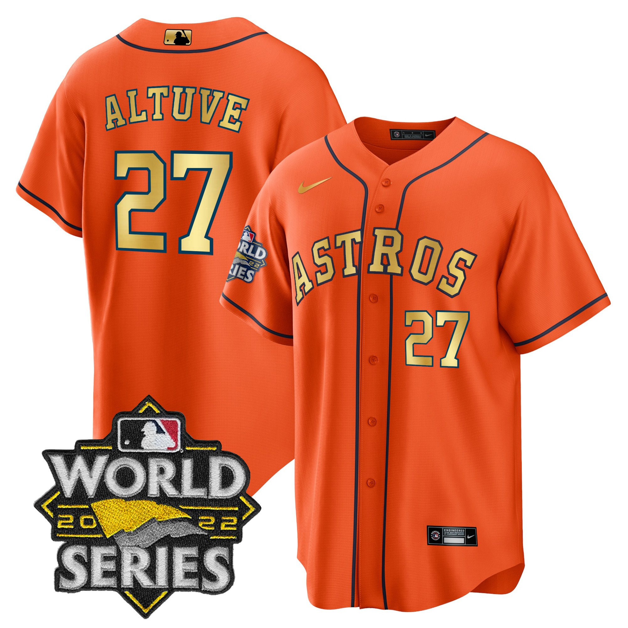 José Altuve Houston Astros 2023 World Series Orange Gold Jersey - All Stitched
