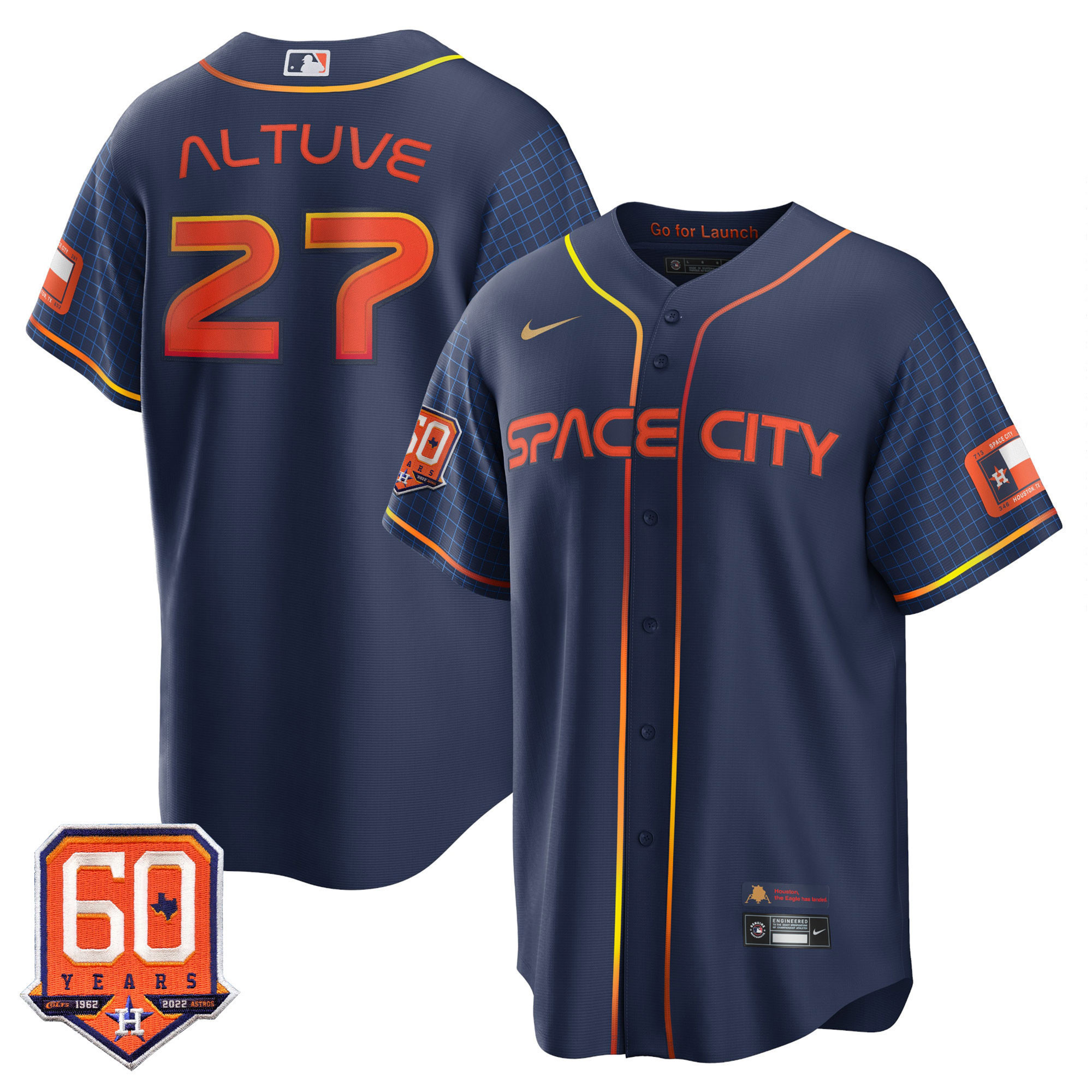 José Altuve Houston Astros Cool Base 60th Anniversary Patch Space City Jersey - All Stitched