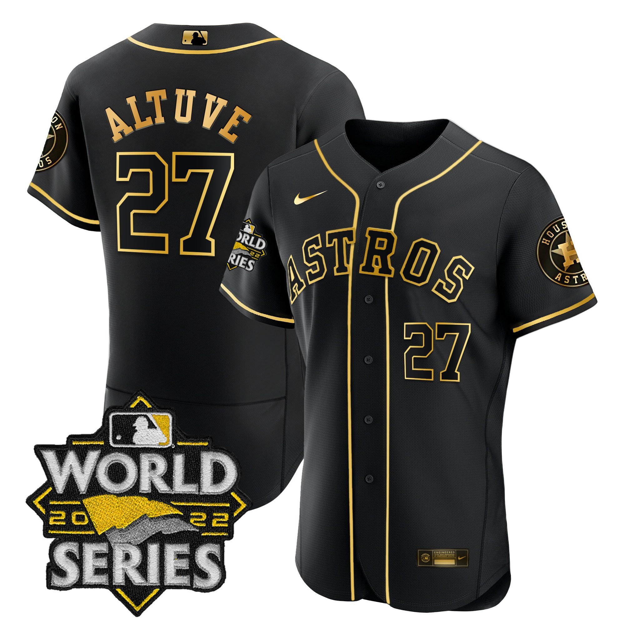 José Altuve Men's Houston Astros 2022 World Series Gold Limited Flex Black Jersey - All Stitched