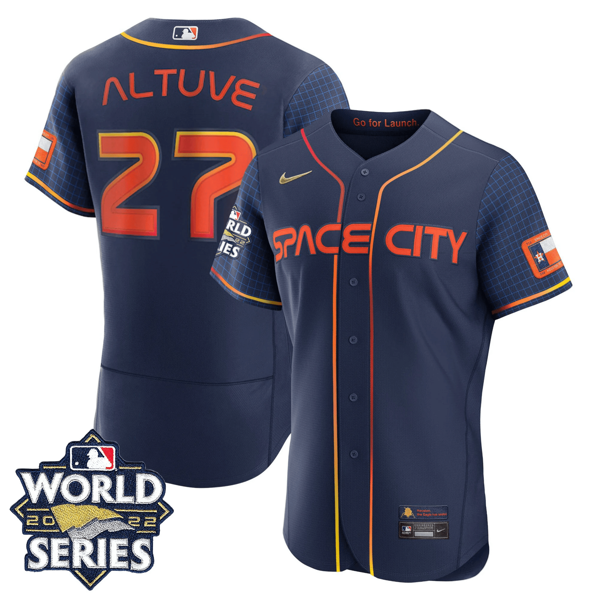 José Altuve Men's Houston Astros 2022 World Series Space City Player Flex Base Jersey - All Stitched