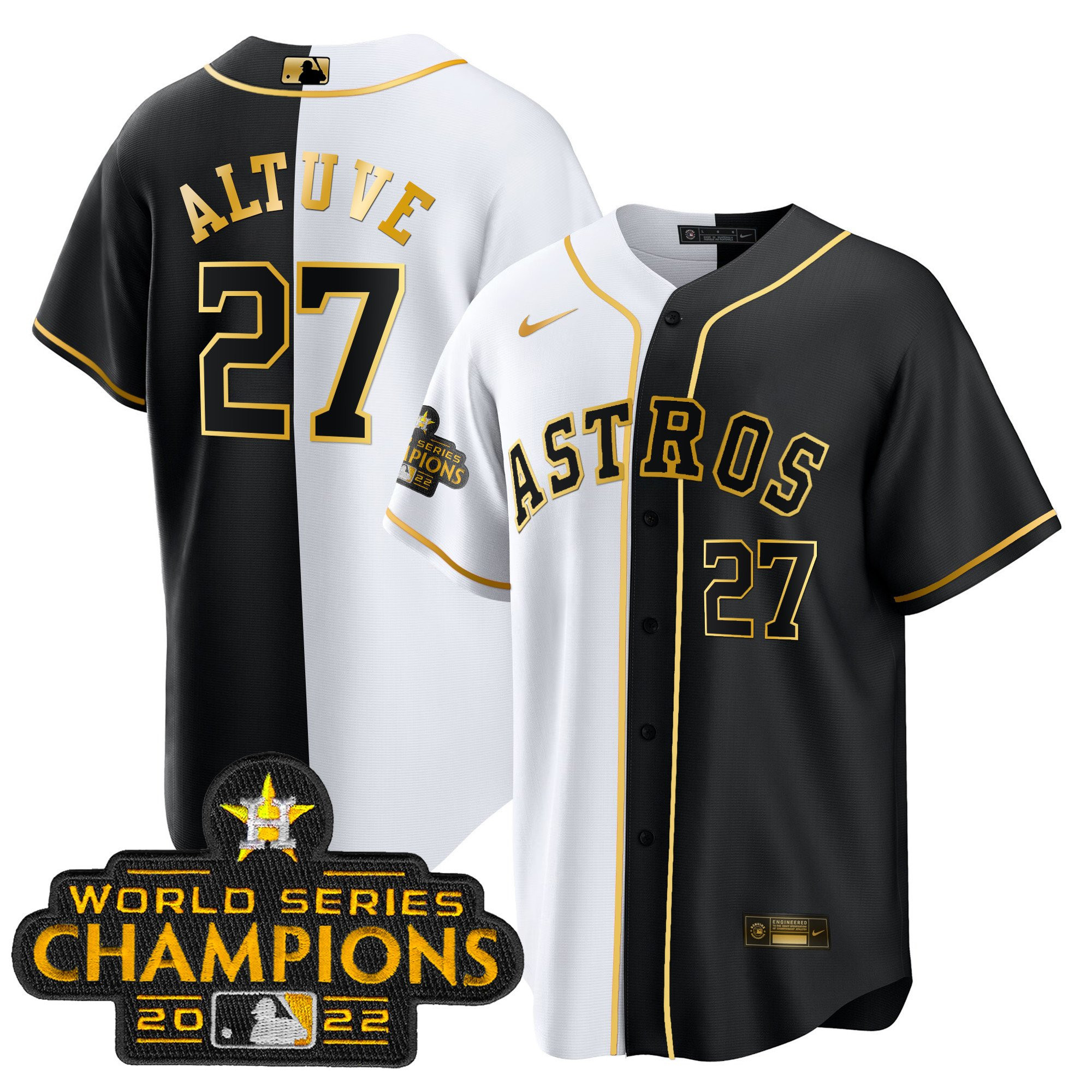José Altuve Men's Houston Astros 2023 Champions Gold Split Cool B&W Jersey - All Stitched