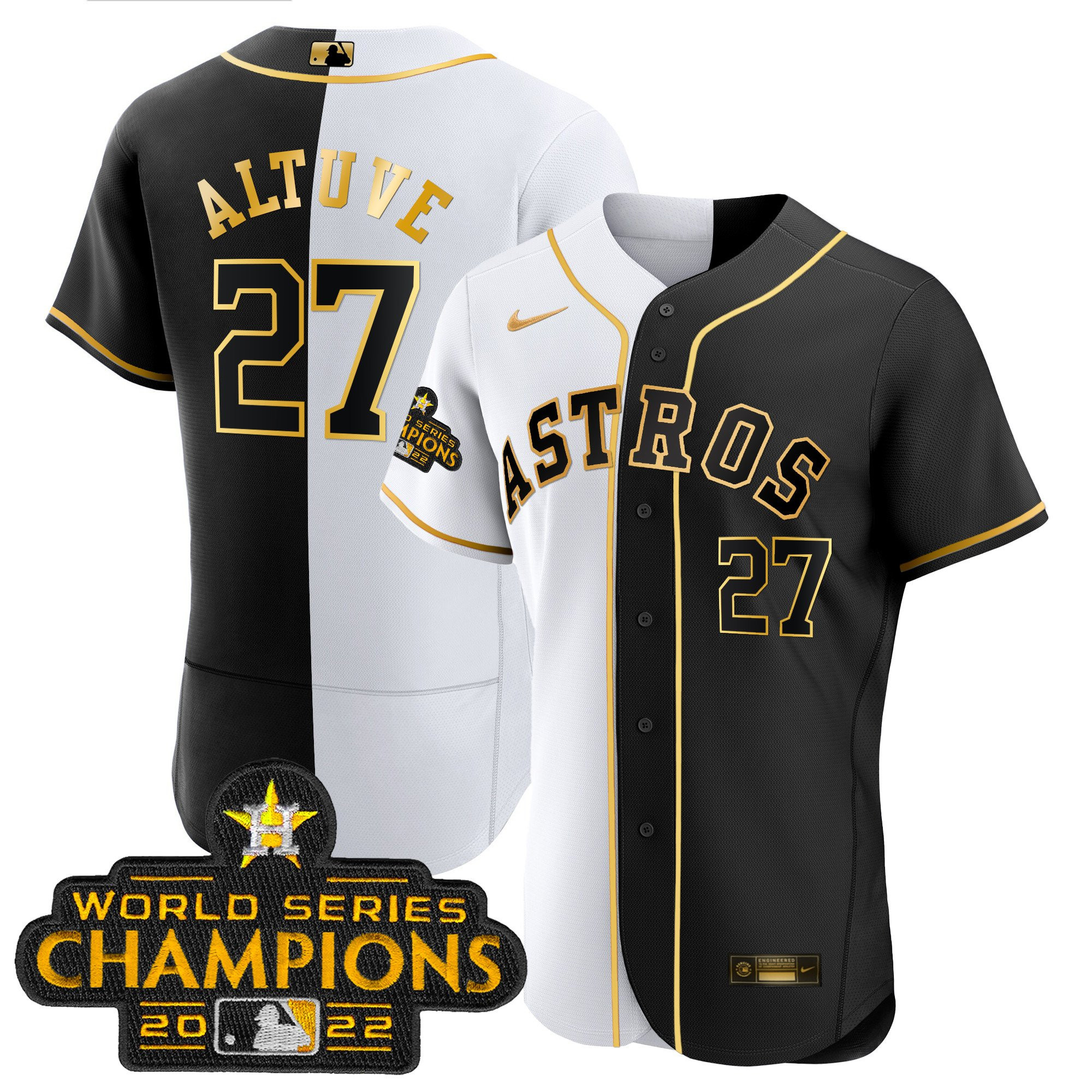 José Altuve Men's Houston Astros 2023 Champions Gold Split Flex B&W Jersey - All Stitched