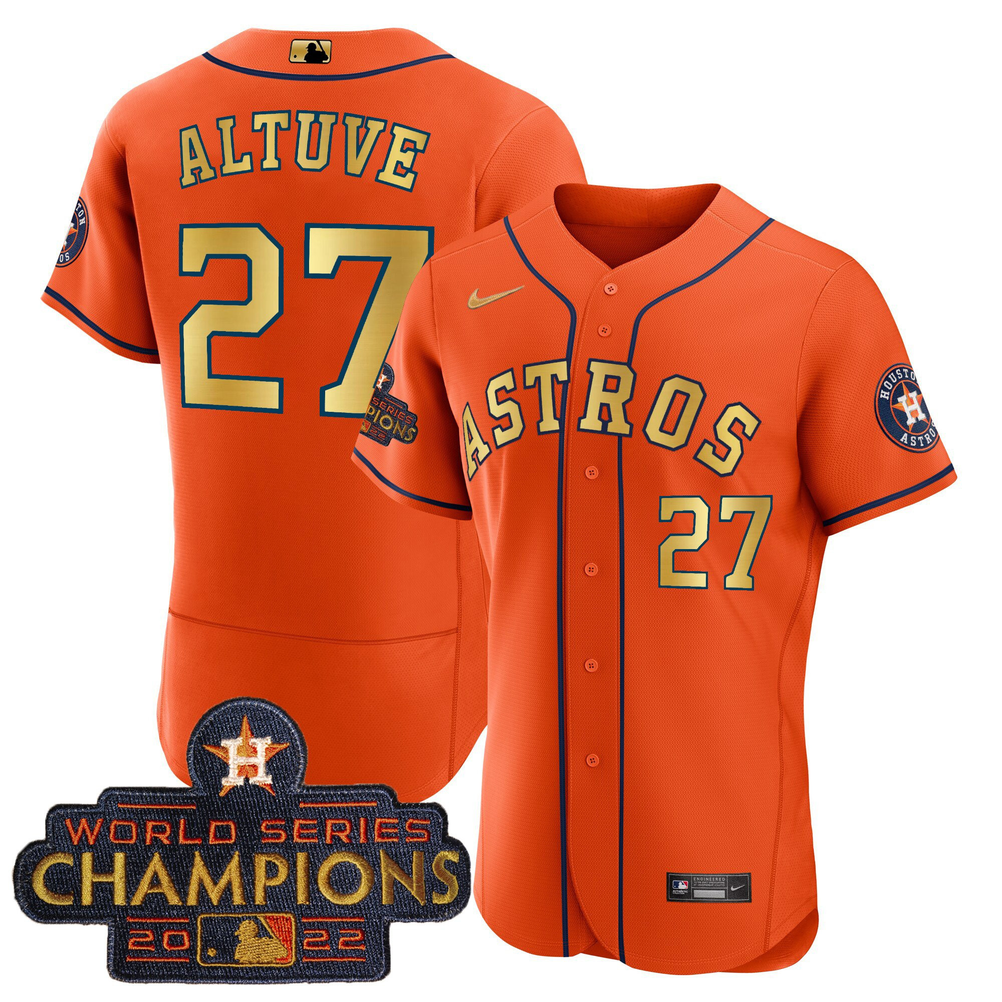 José Altuve Men's Houston Astros 2023 Champions Orange Gold Flex Base Jersey - All Stitched