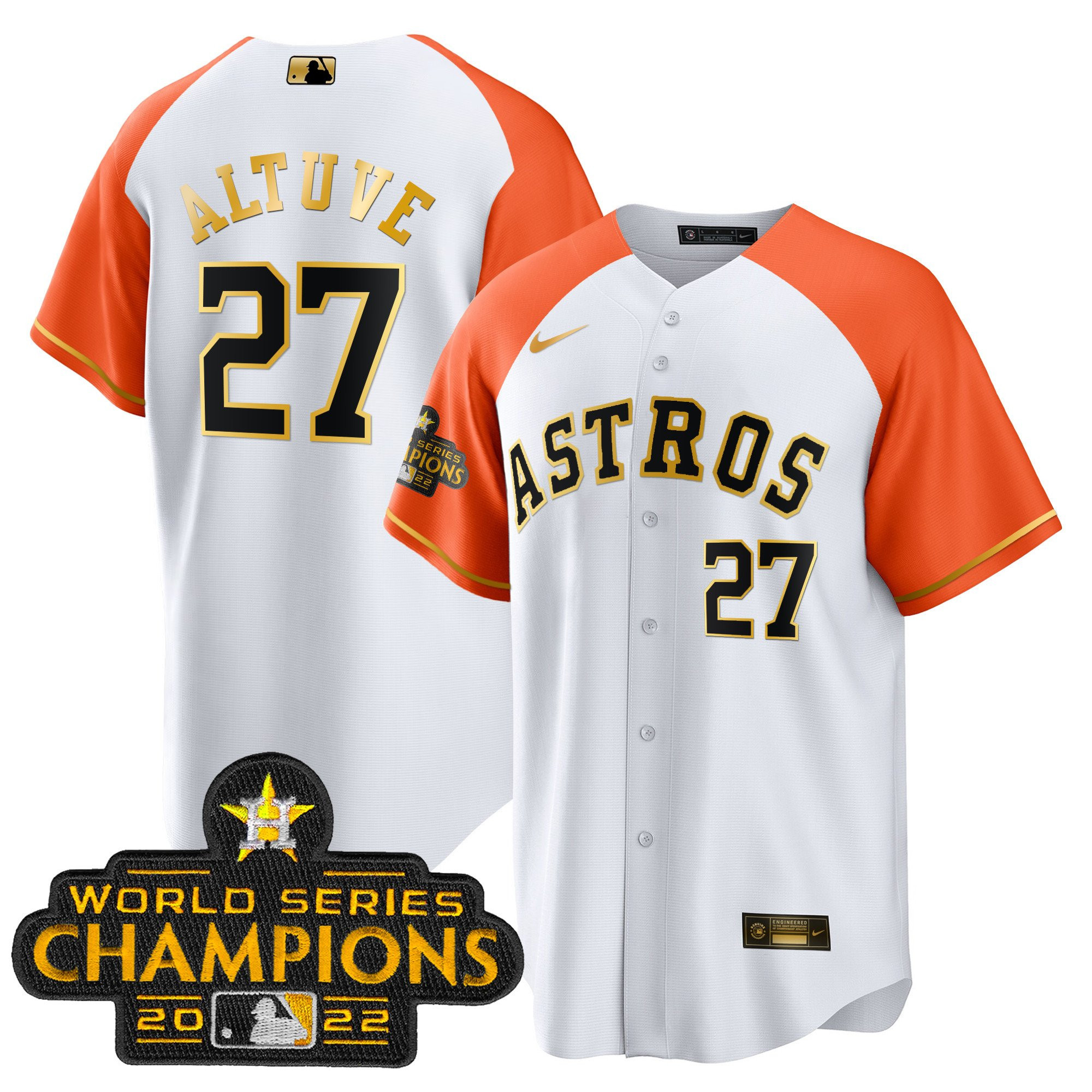 José Altuve Men's Houston Astros 2023 Gold Alternate Cool Base Orange White Jersey - All Stitched