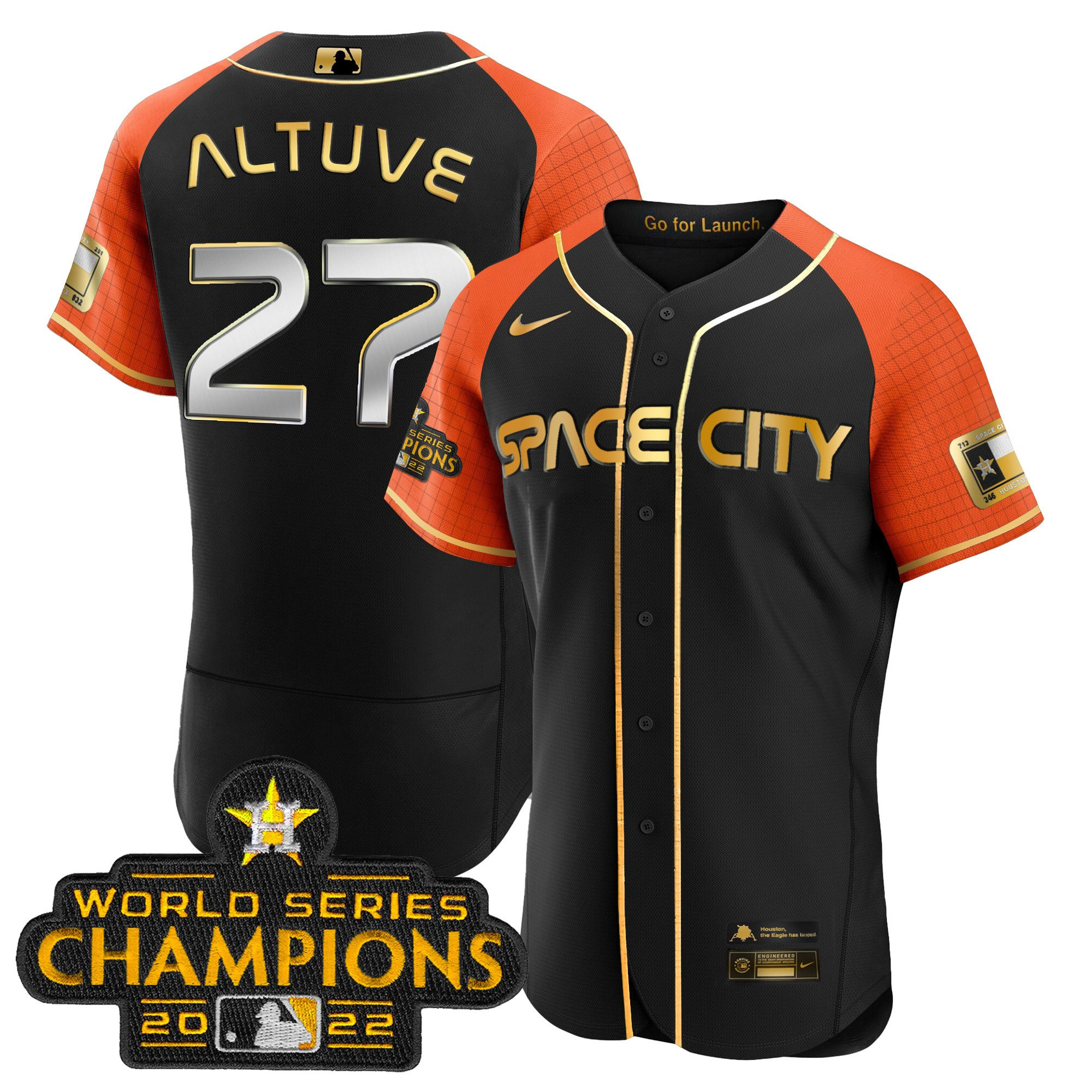 José Altuve Men's Houston Astros 2023 Space City Champions Alternate Flex Black Gold V2 Jersey - All Stitched