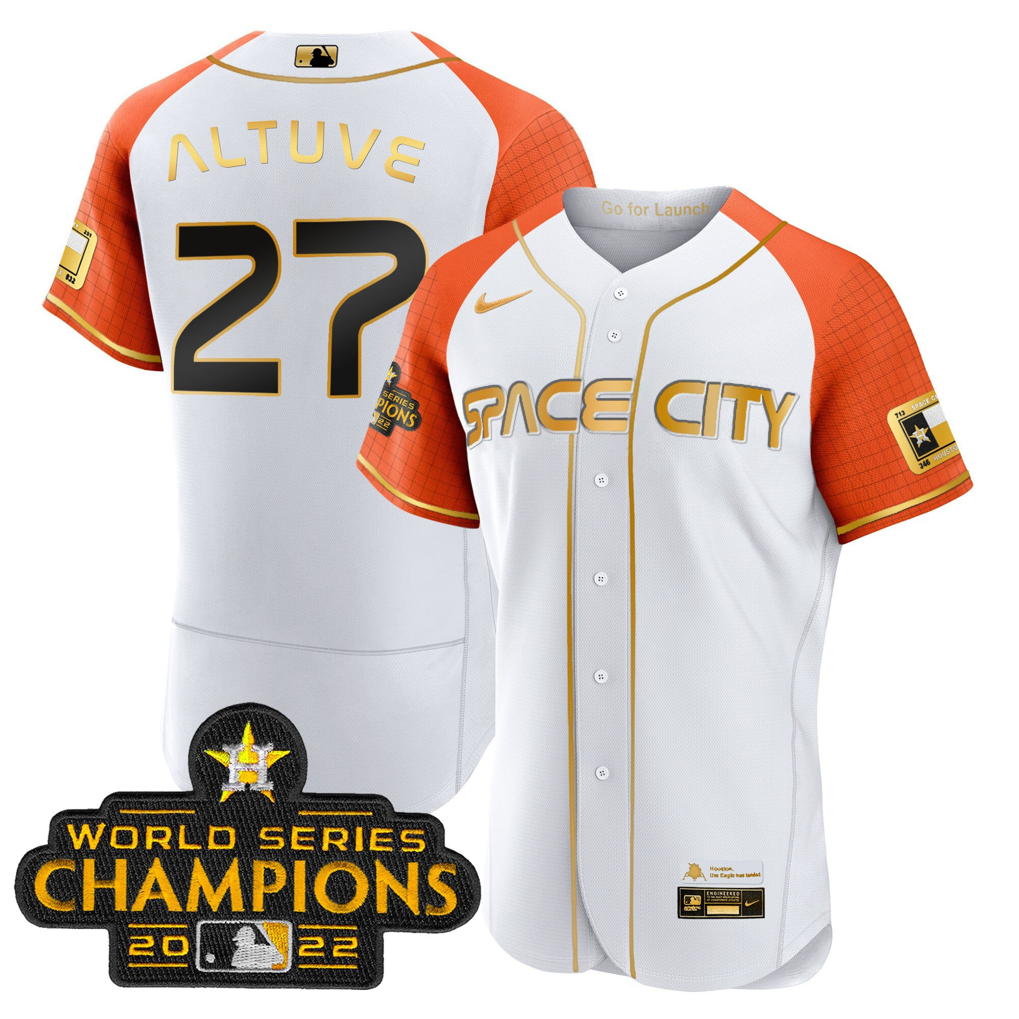 José Altuve Men's Houston Astros 2023 Space City Champions Alternate Flex White Gold V2 Jersey - All Stitched