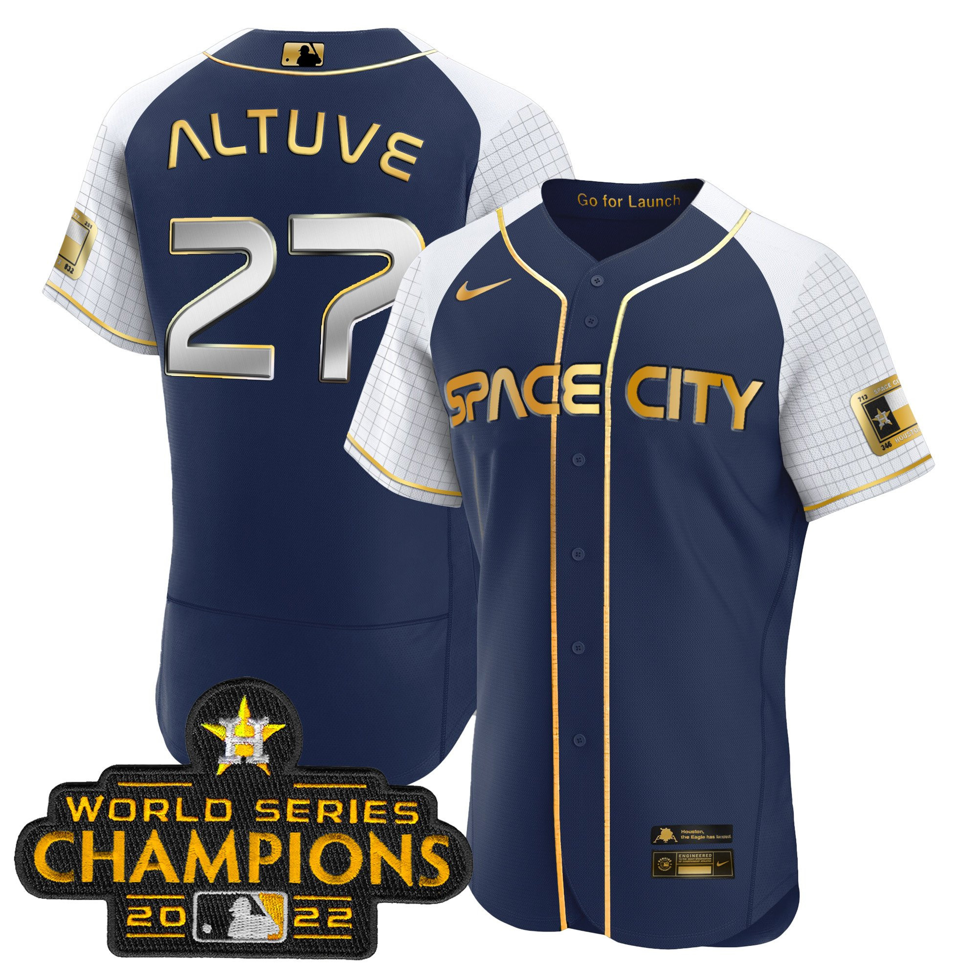 José Altuve Men's Houston Astros 2023 Space City Champions Alternate Navy Flex Navy Gold Jersey - All Stitched