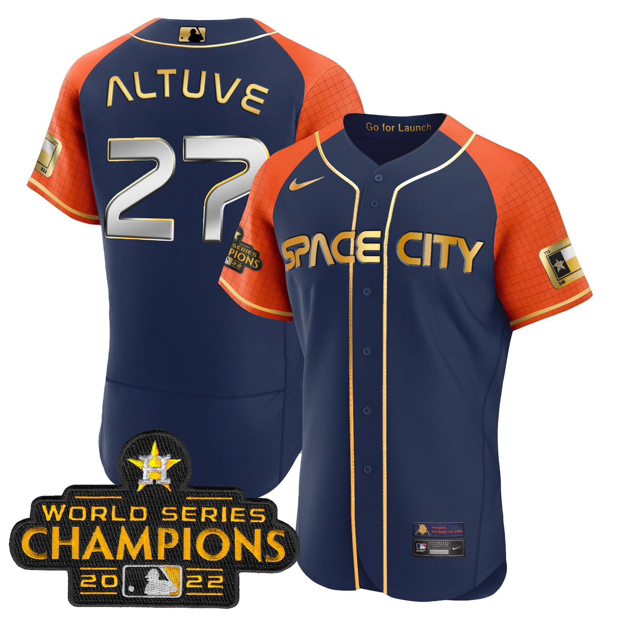 José Altuve Men's Houston Astros 2023 Space City Champions Alternate Navy Flex Navy Orange Jersey - All Stitched