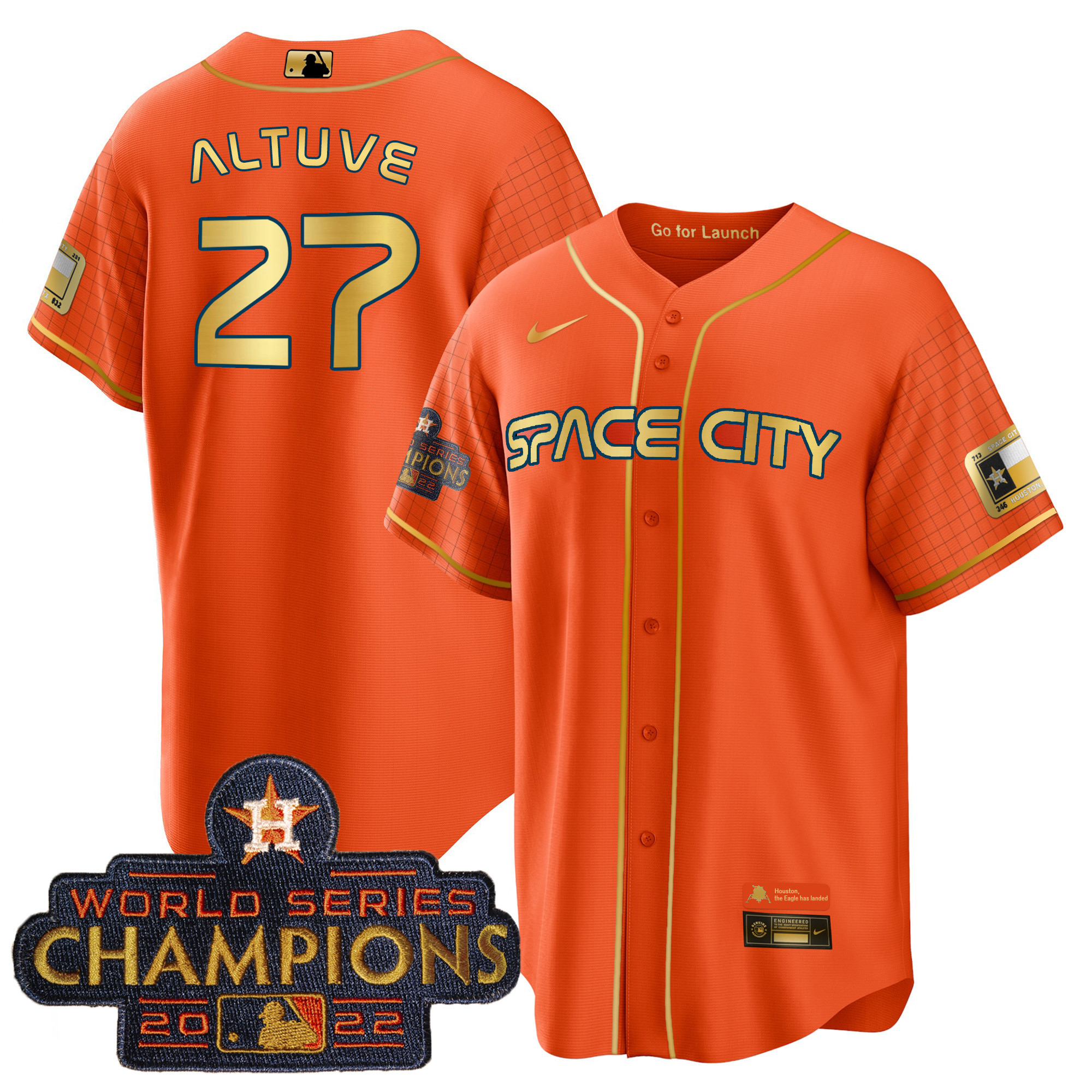 José Altuve Men's Houston Astros 2023 Space City Champions Cool Orange Jersey - All Stitched