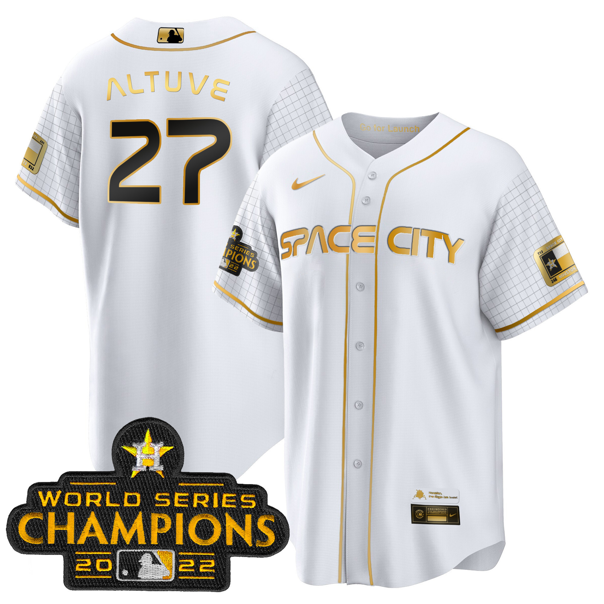 José Altuve Men's Houston Astros 2023 Space City Champions Cool White Gold Jersey - All Stitched