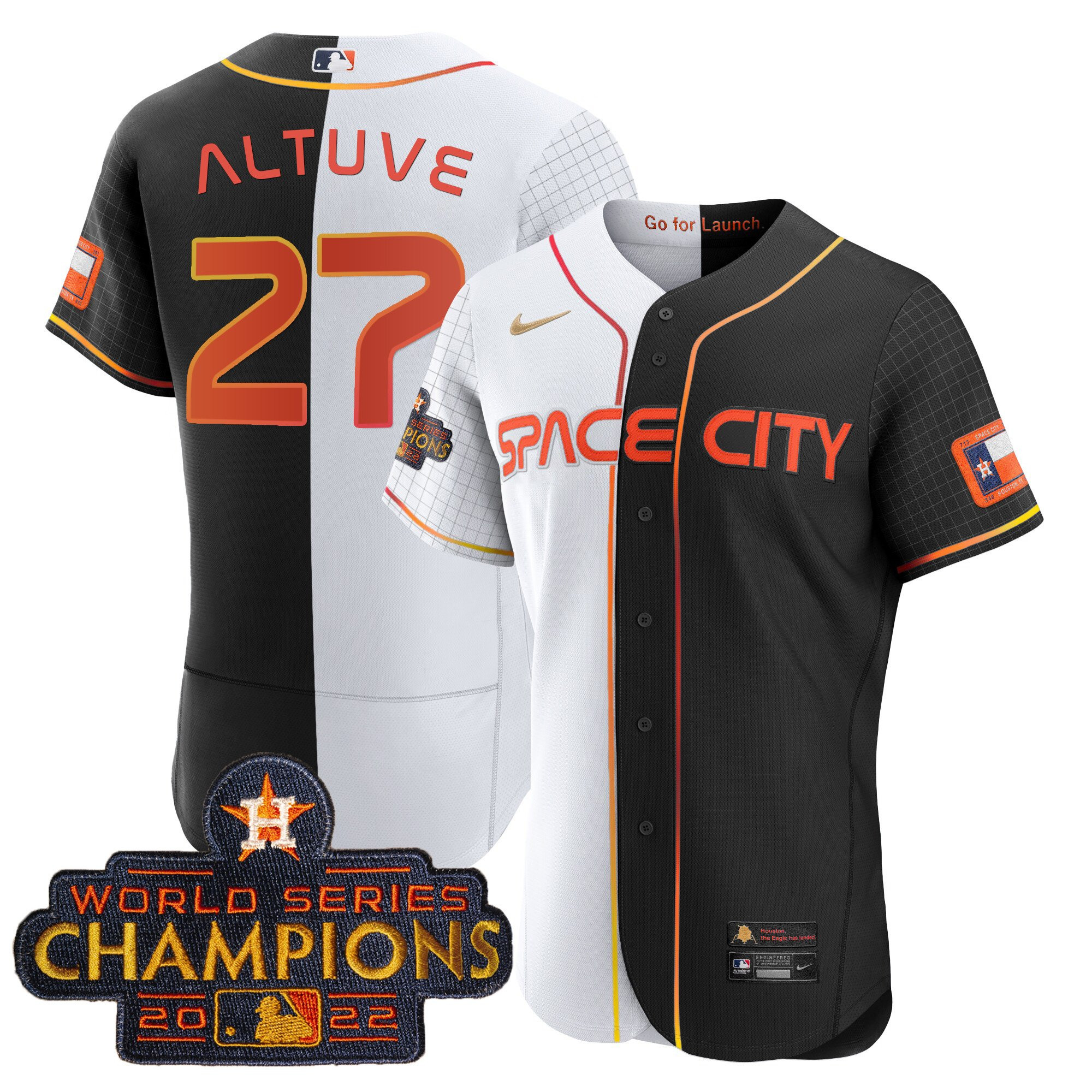 José Altuve Men's Houston Astros 2023 Space City Champions Gold Split Flex B&W Jersey - All Stitched