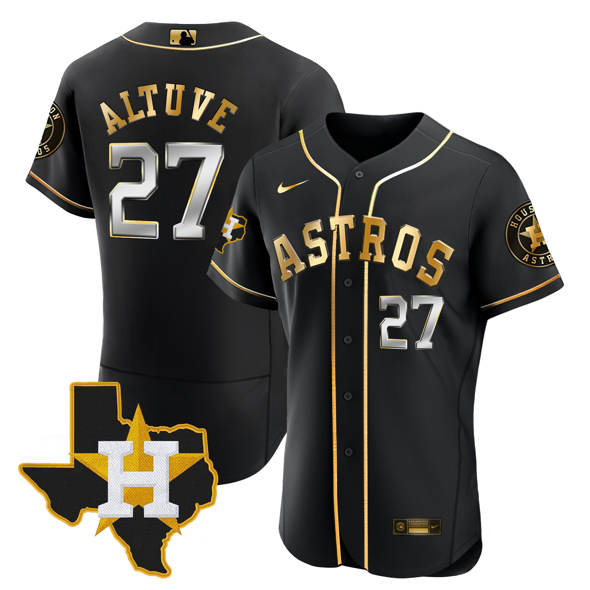 José Altuve Men's Houston Astros 2024 Gold - Texas Patch Flex Black Jersey - All Stitched