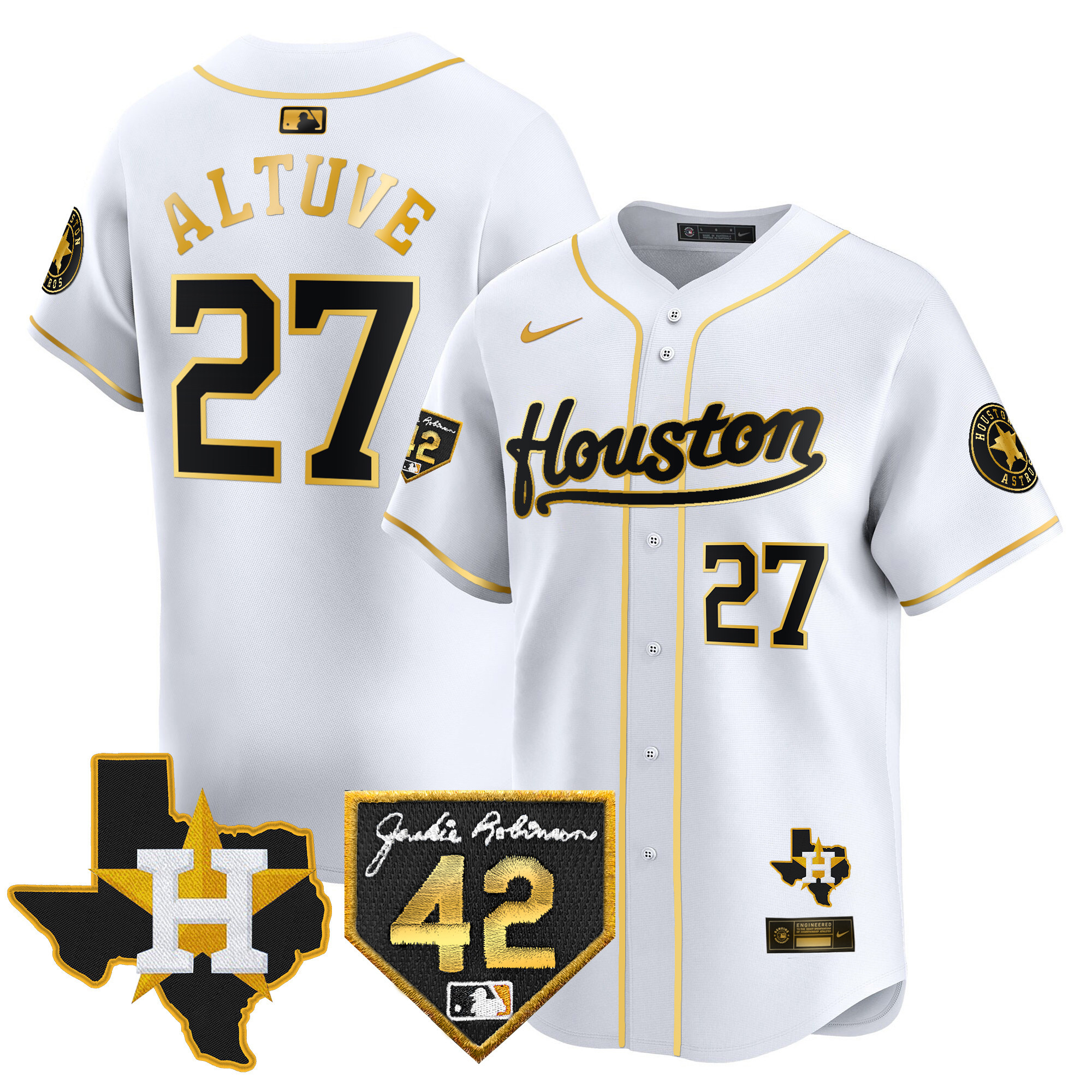 José Altuve Men's Houston Astros 2024 Jackie Robinson Patch Vapor Premier Limited White Gold Jersey - All Stitched