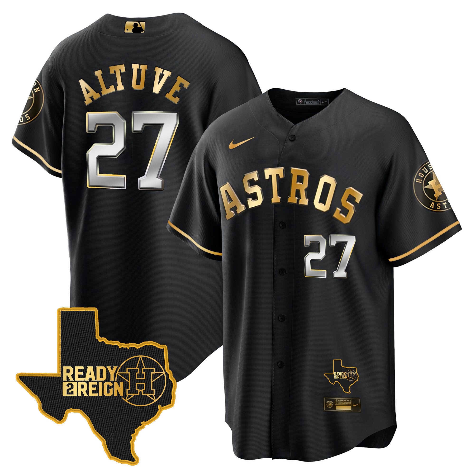José Altuve Men's Houston Astros 2024 Ready 2 Reign Cool Base Black Gold Jersey - All Stitched