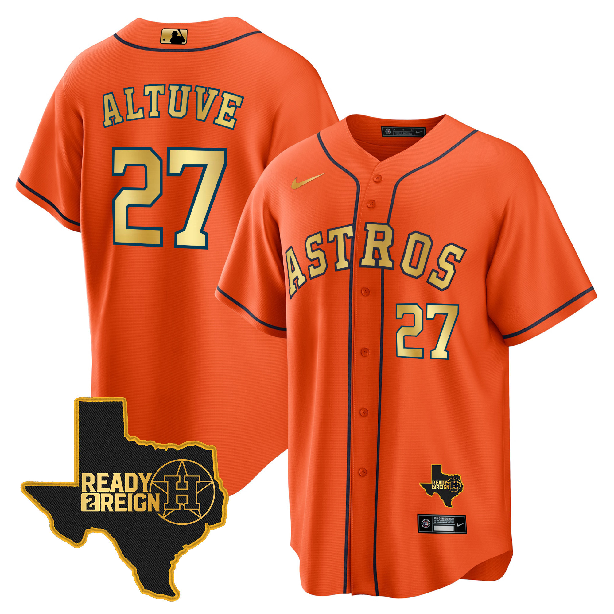 José Altuve Men's Houston Astros 2024 Ready 2 Reign Cool Base Orange Gold Jersey - All Stitched