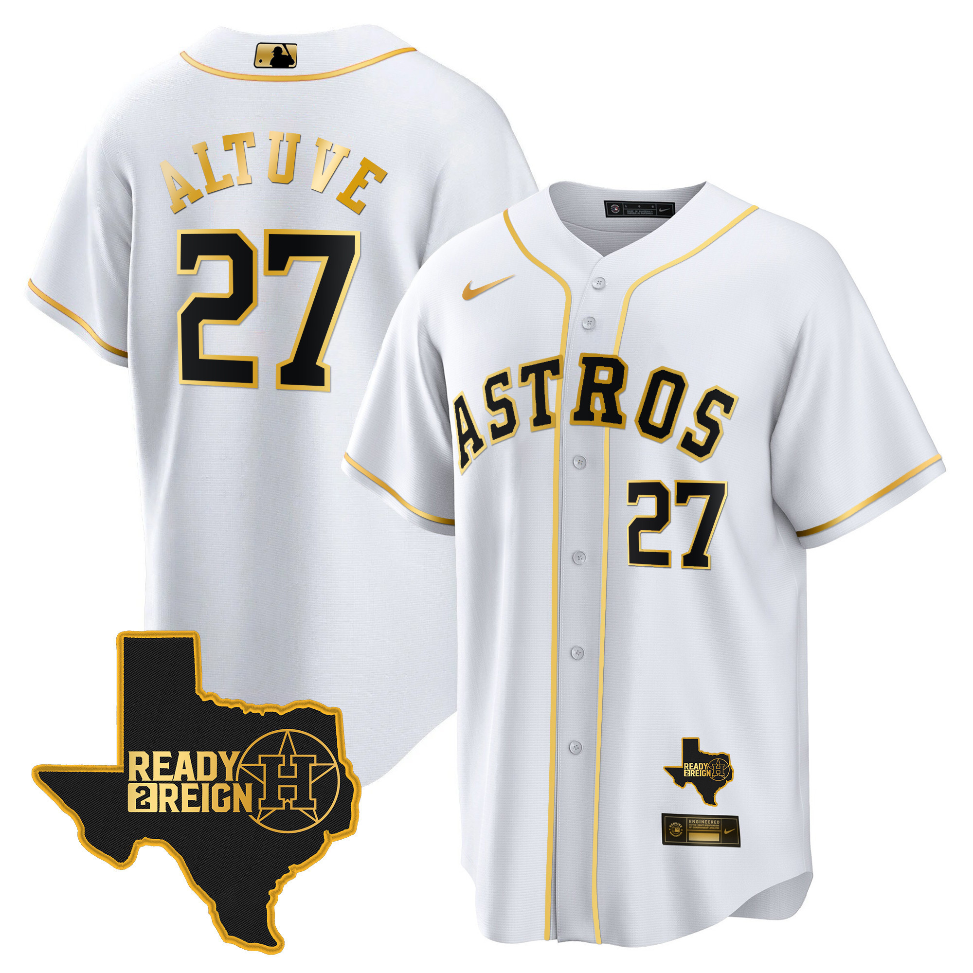 José Altuve Men's Houston Astros 2024 Ready 2 Reign Cool Base White Gold Jersey - All Stitched