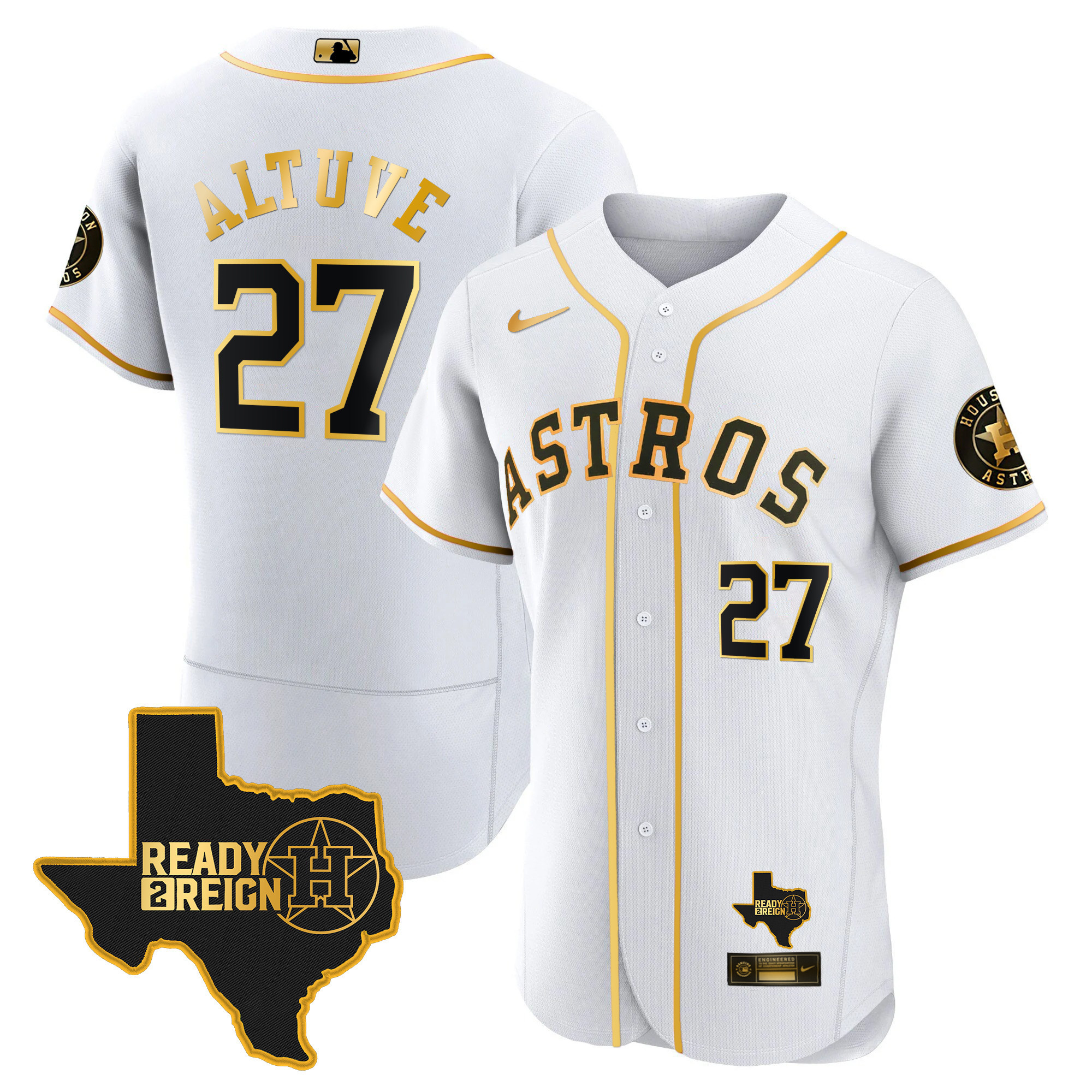 José Altuve Men's Houston Astros 2024 Ready 2 Reign Flex Base White Gold Jersey - All Stitched