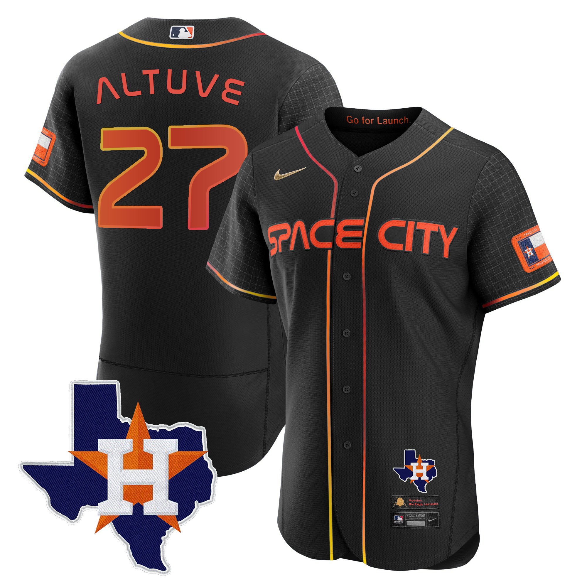 José Altuve Men's Houston Astros 2024 Space City Flex Base - Texas Patch Black Jersey - All Stitched