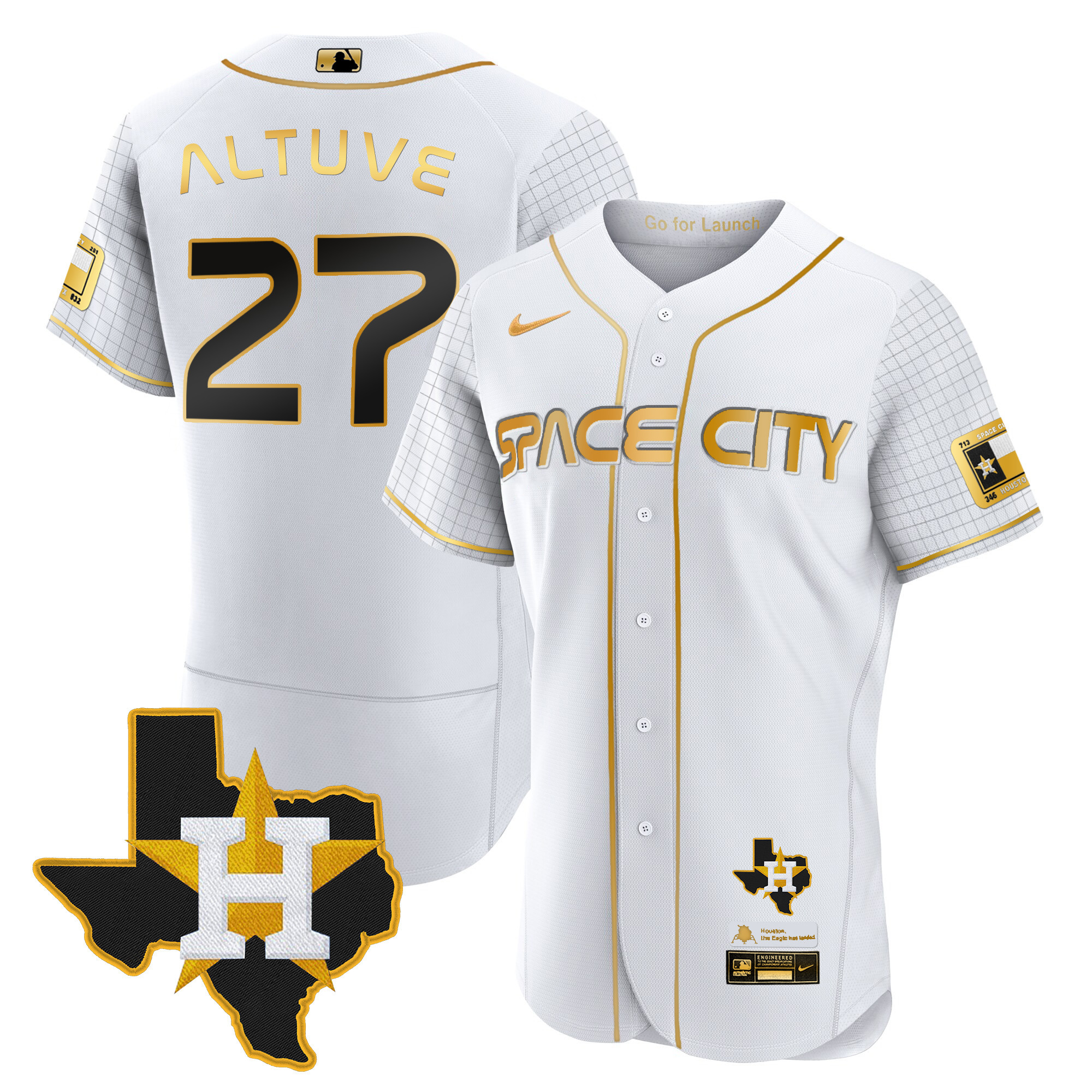 José Altuve Men's Houston Astros 2024 Space City Flex Base - Texas Patch White Gold Jersey - All Stitched