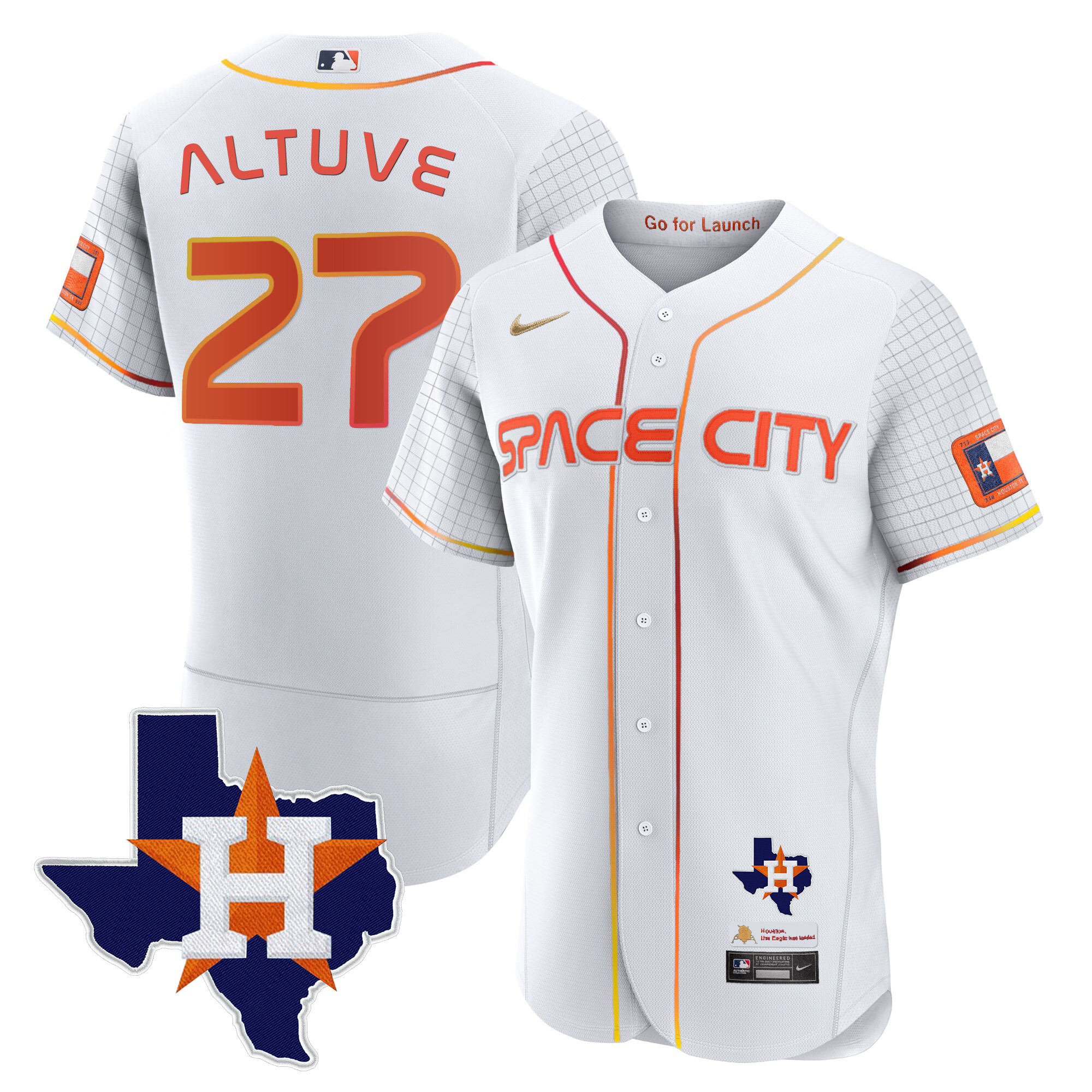 José Altuve Men's Houston Astros 2024 Space City Flex Base - Texas Patch White Jersey - All Stitched