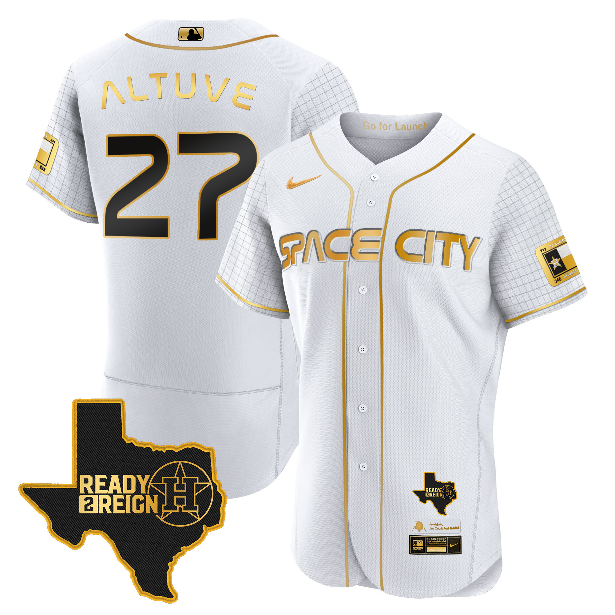 José Altuve Men's Houston Astros 2024 Space City Ready 2 Reign Flex Base White Gold Jersey - All Stitched