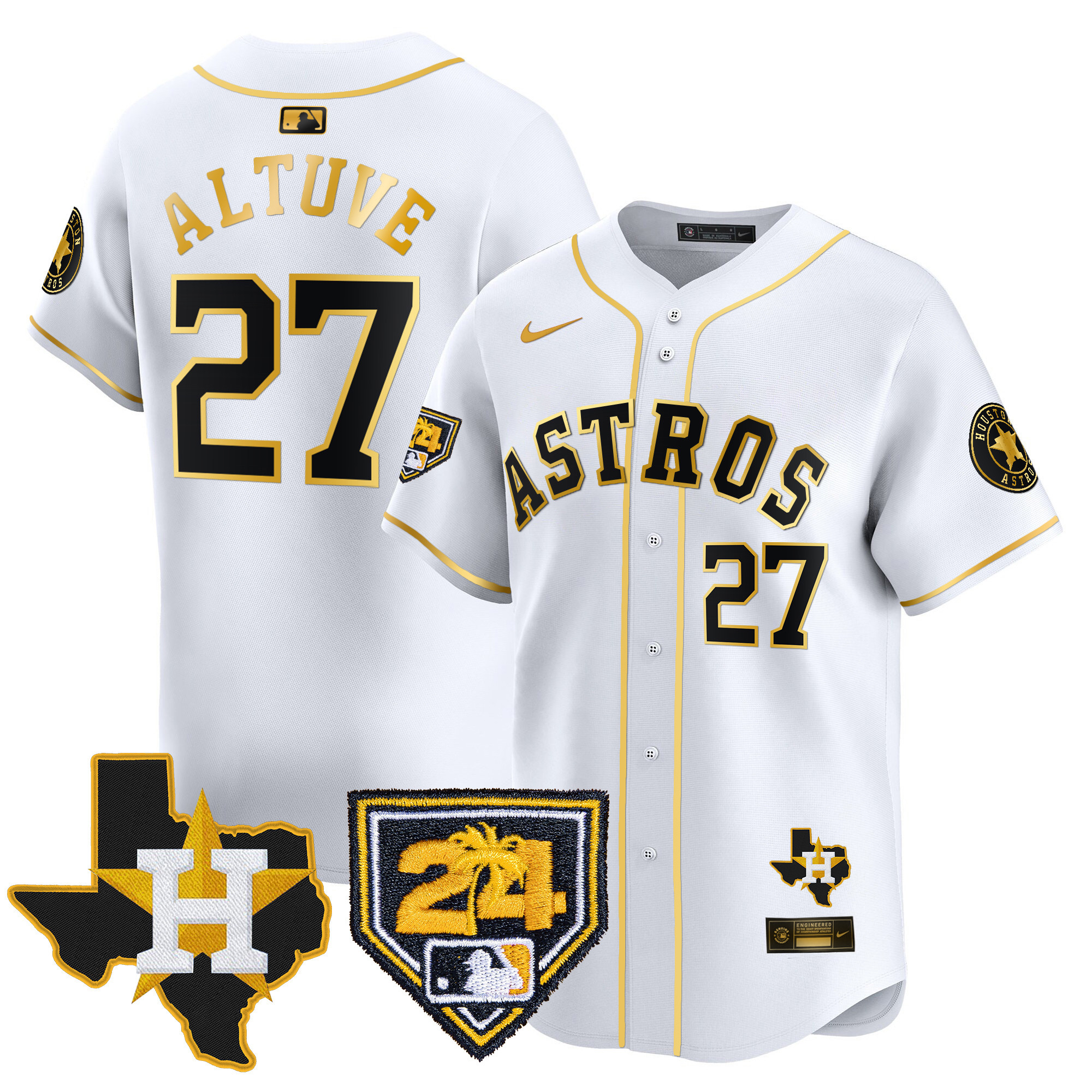 José Altuve Men's Houston Astros 2024 Spring Training & Texas Patch Vapor Premier Limited White Gold Jersey - All Stitched