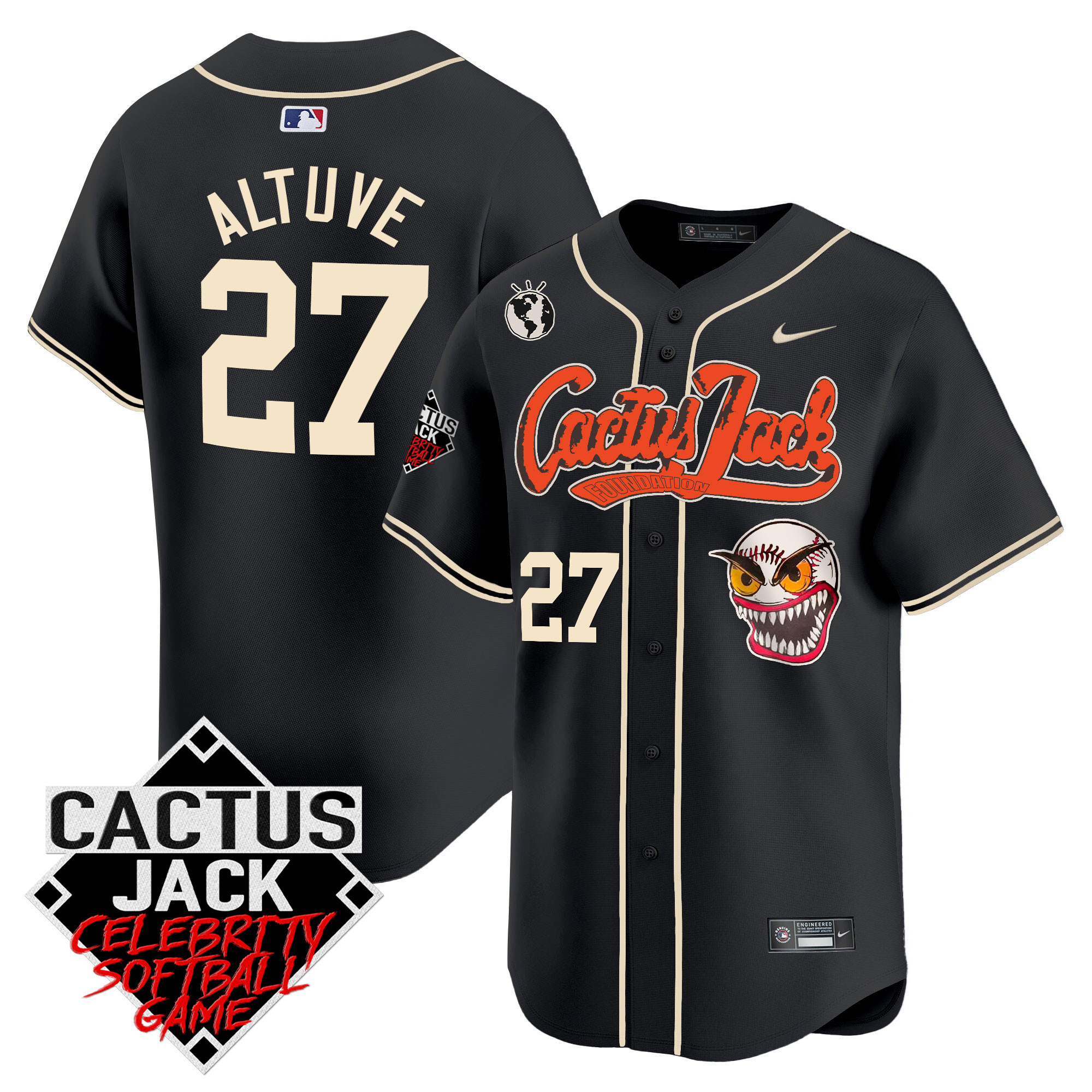 José Altuve Men's Houston Astros Cactus Jack Celebrity Softball Game Patch Vapor Premier Limited Black Jersey - All Stitched