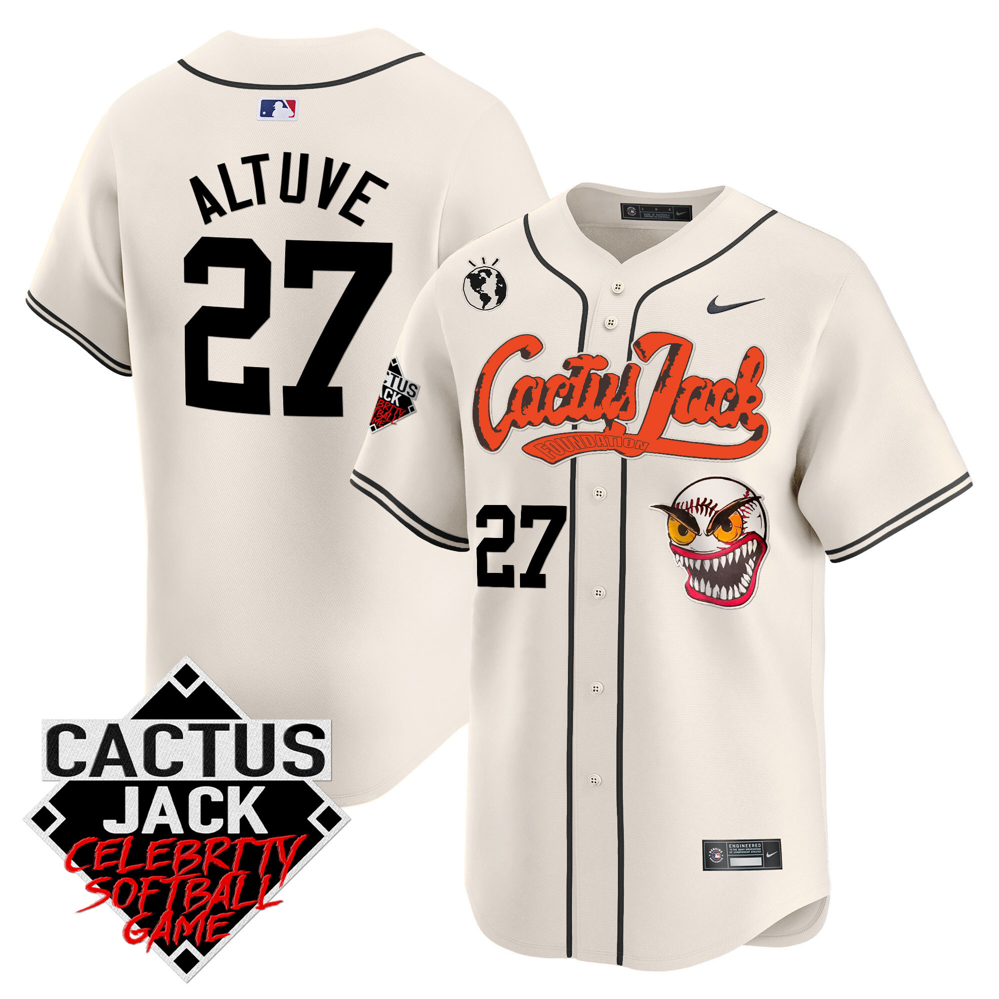 José Altuve Men's Houston Astros Cactus Jack Celebrity Softball Game Patch Vapor Premier Limited Cream Jersey - All Stitched