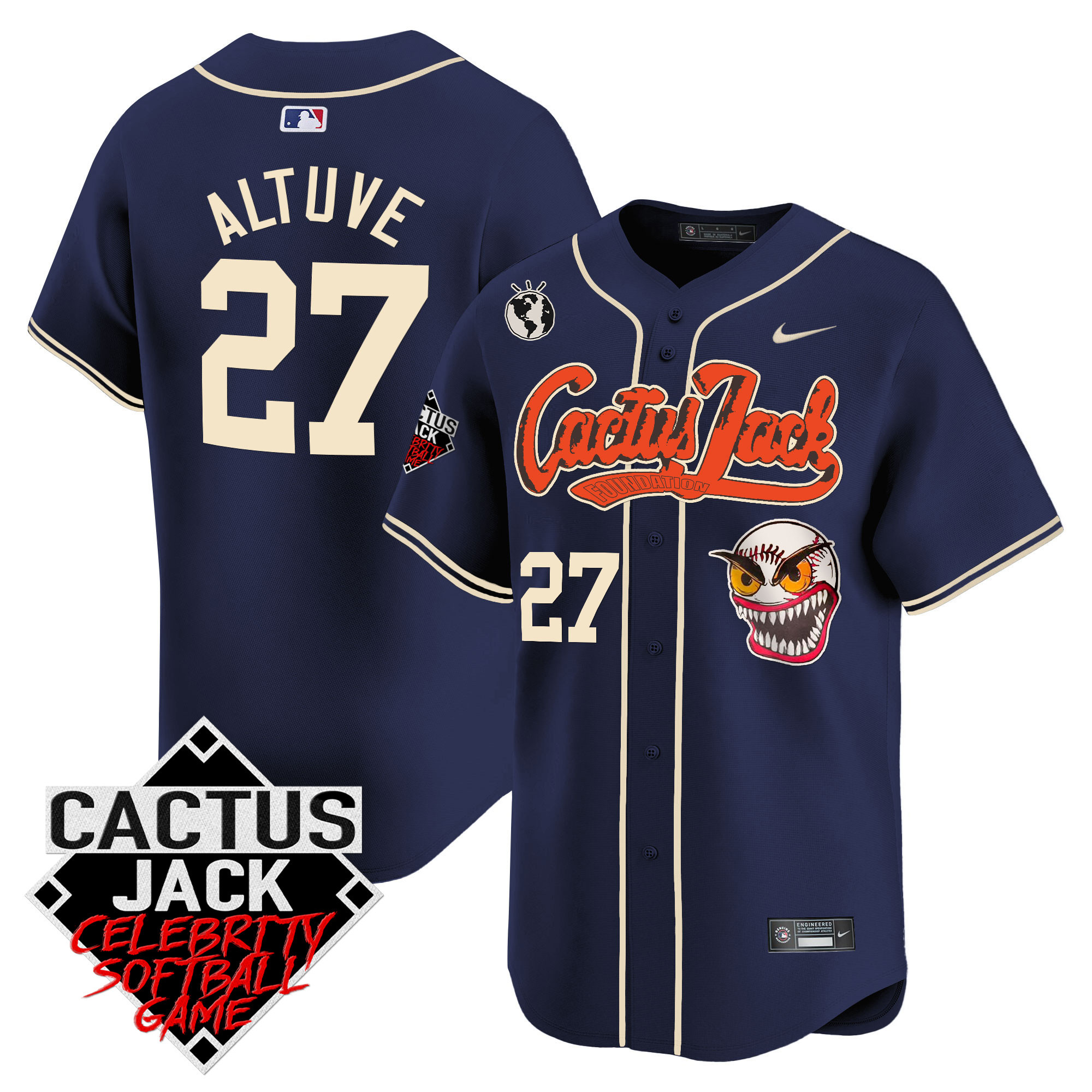 José Altuve Men's Houston Astros Cactus Jack Celebrity Softball Game Patch Vapor Premier Limited Navy Jersey - All Stitched