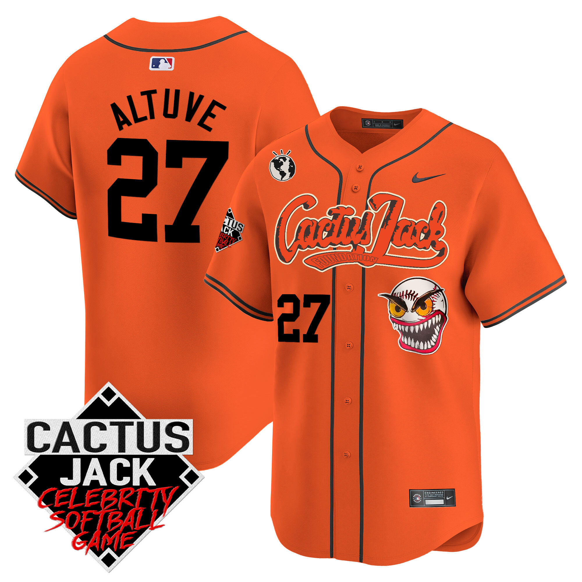 José Altuve Men's Houston Astros Cactus Jack Celebrity Softball Game Patch Vapor Premier Limited Orange Jersey - All Stitched