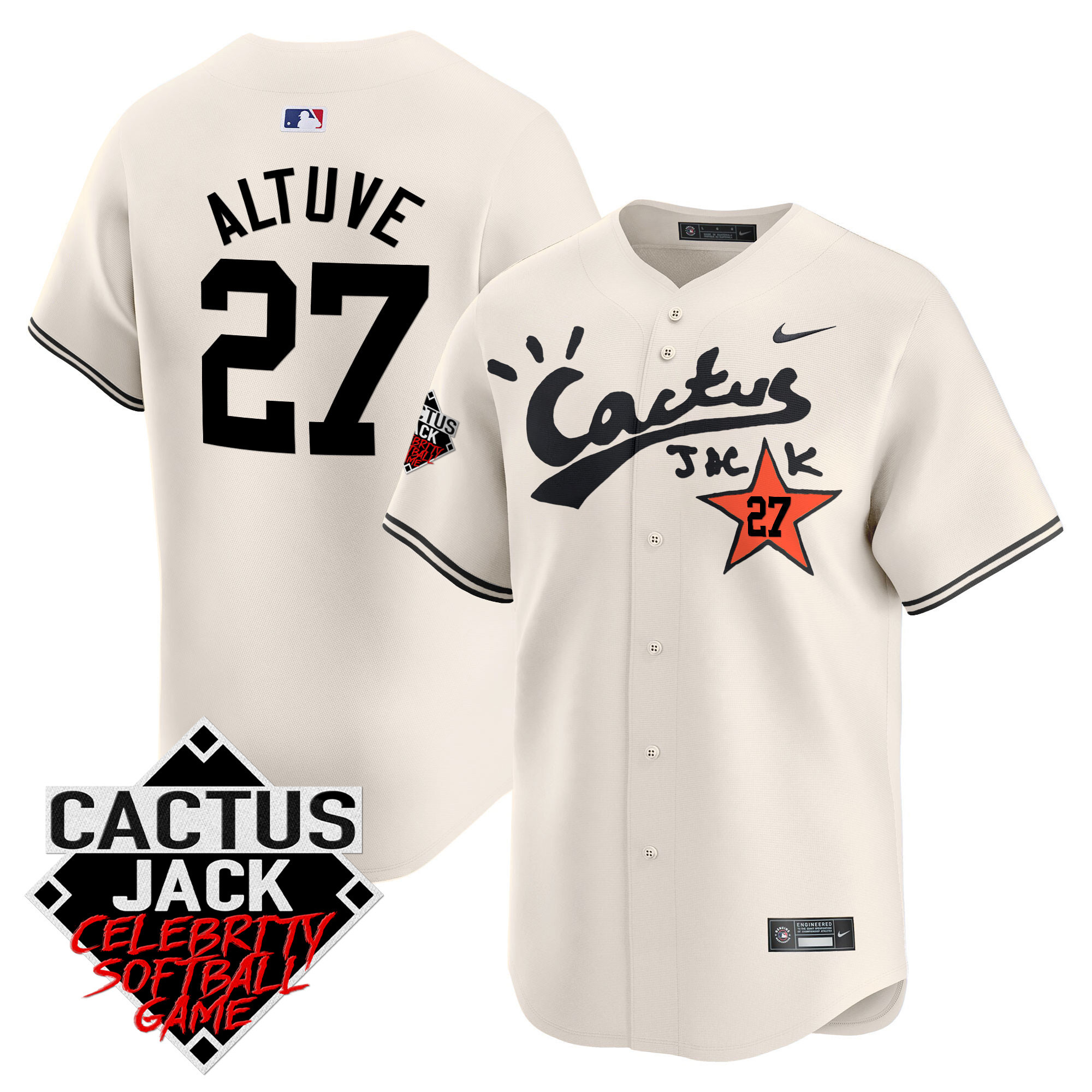José Altuve Men's Houston Astros Cactus Jack Celebrity Softball Game Patch Vapor Premier Limited V2 Cream Jersey - All Stitched